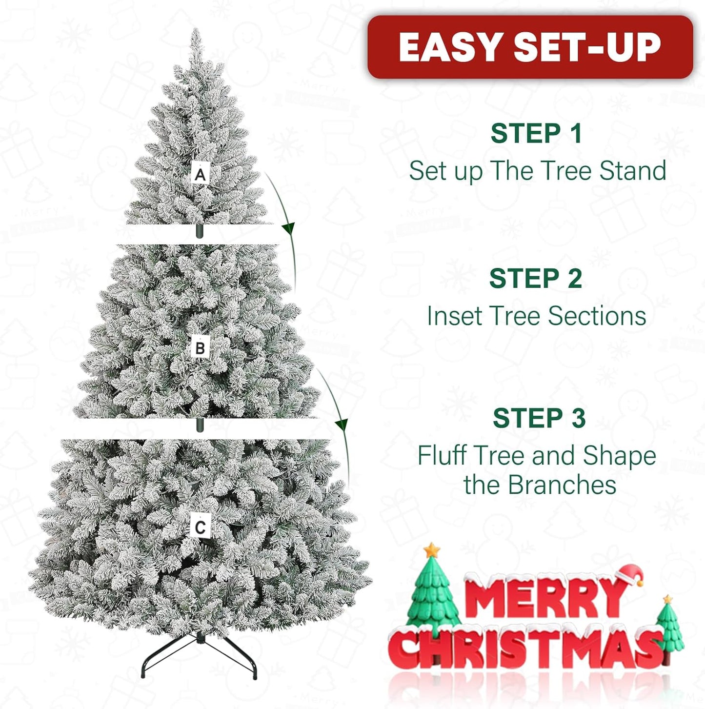 7.5ft Lighted Snow Flocked Christmas Tree with Remote Control, 450 Multi-Color RGB Lights, 1446 PVC Branch Tips, 15 Mode Artificial Hinged Christmas Tree for Home