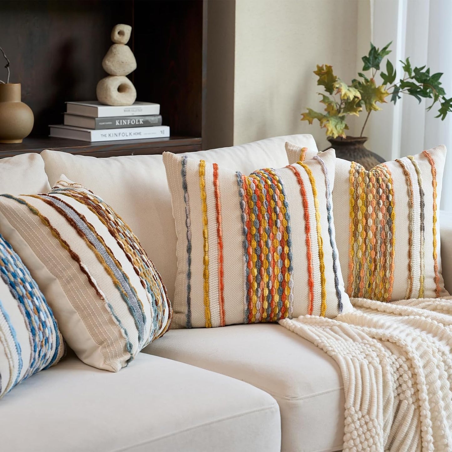 Aeckself Boho Pillow Covers 18x18 Inch Set of 2, Farmhouse Decorative Striped Square Chenille Tufted Accent Neutral Throw Pillow Covers for Living Room Couch Bed, Light Yellow