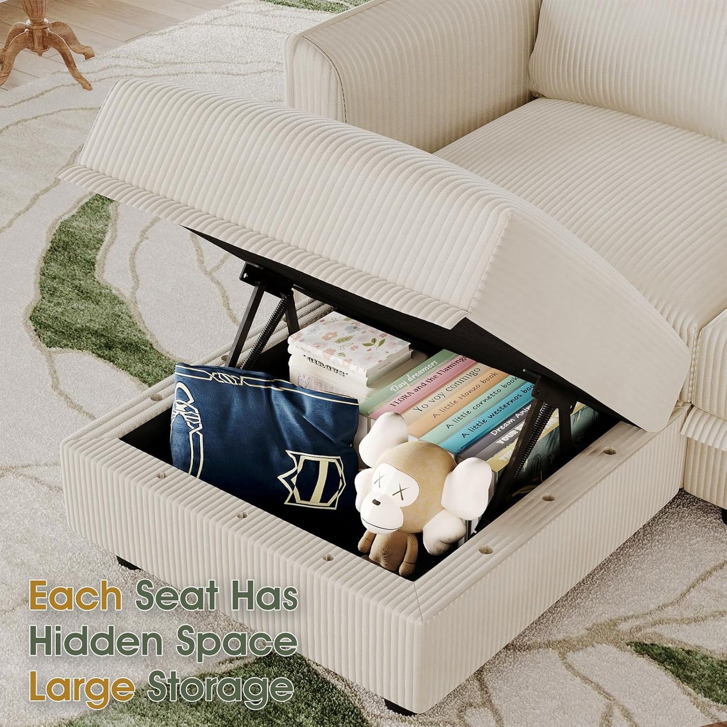 LLappuil Modular Sectional Sofa with Storage, U-Shaped Convertible Sleeper Couch, 6-Seat Oversized Living Room Sofa with 6 Back Cushions & 6 Throw Pillows, Beige Corduroy Fabric