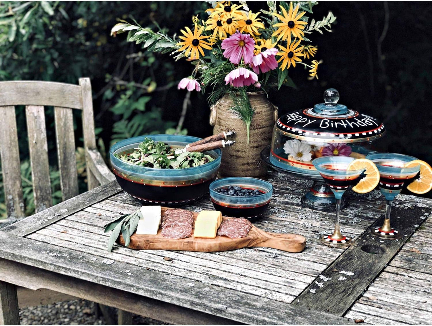 Set of 2 Mosaic Chalkboard and Stripes Hand Painted Glass Serving Bowls 6"