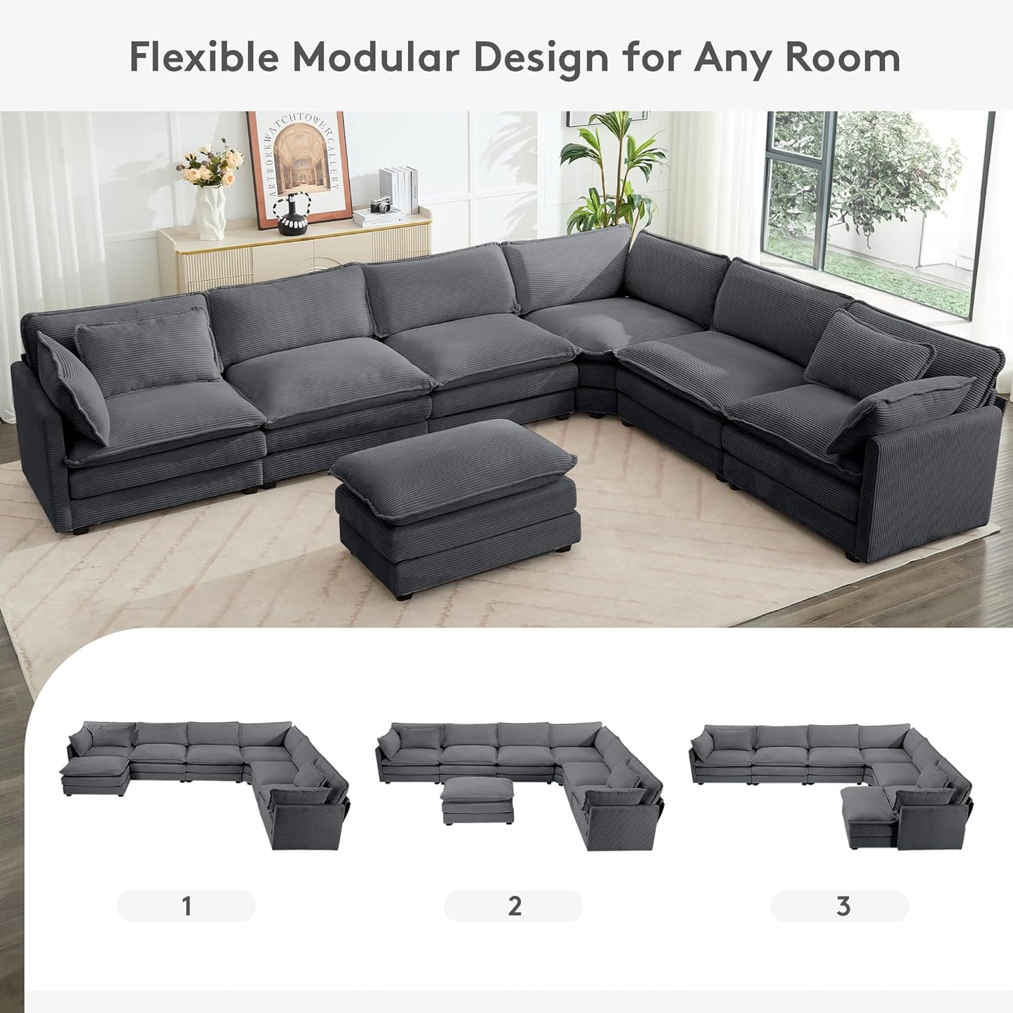 ROWHY 150'' Modular Sectional Sofa Cloud Couch, Corner Sofa Big Comfy Corduroy Oversized L Shaped Couch with 4 Pillows, Chaise, Ottoman, Deep Seat Couches for Living Room Office, Dark Grey