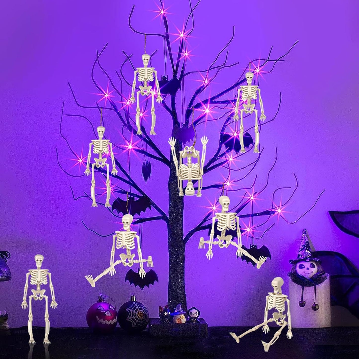 24 Pcs mini skeleton halloween decoration With hemp rope,6”small plastic posable halloween tiny skeleton figurines decor for Halloween Indoor Outdoor Graveyard Decor Haunted House Party Favors