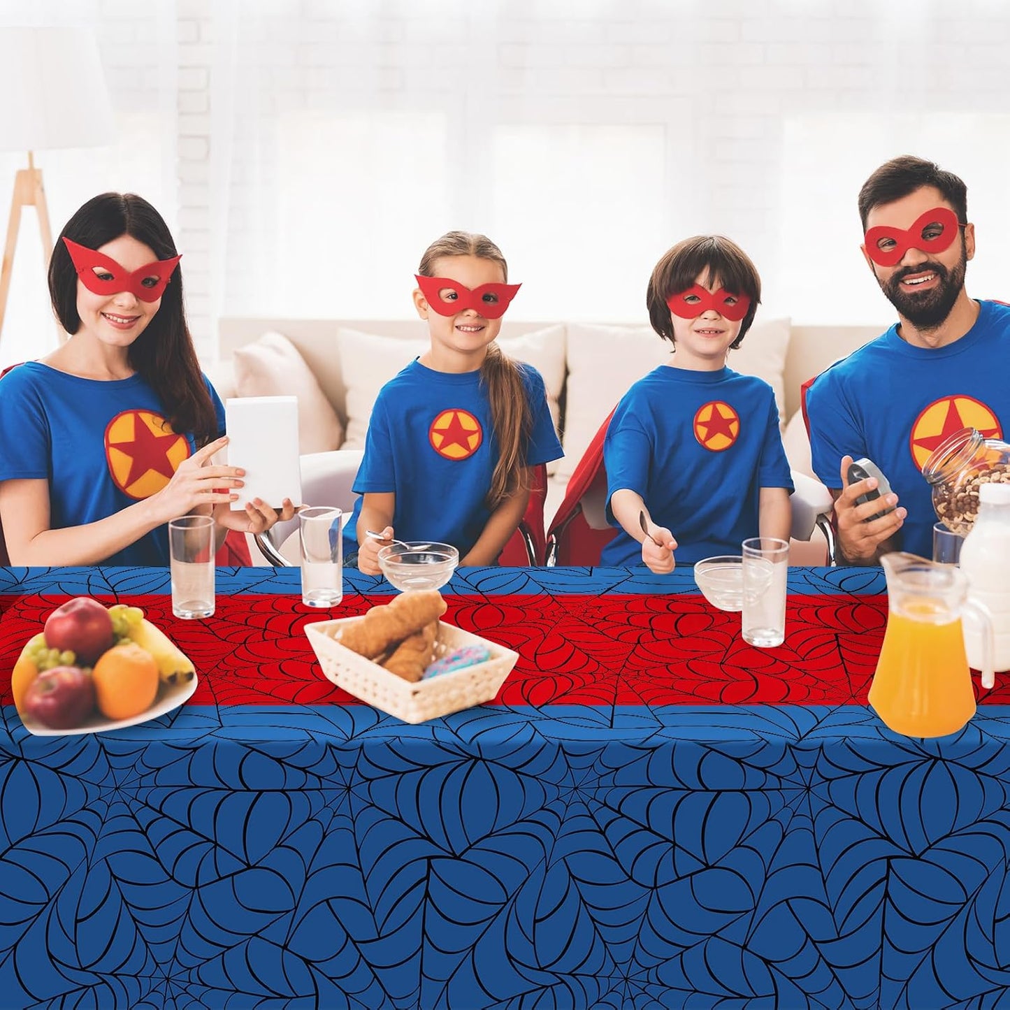 3Pcs Spider Web Themed Birthday Party Tablecloth Decorations,Blue Hero Plastic Table Cover with Red Runner Disposable Rectangle Table Cloth for Baby Shower Kids Boy Birthday Party Supplies,54x108 Inch