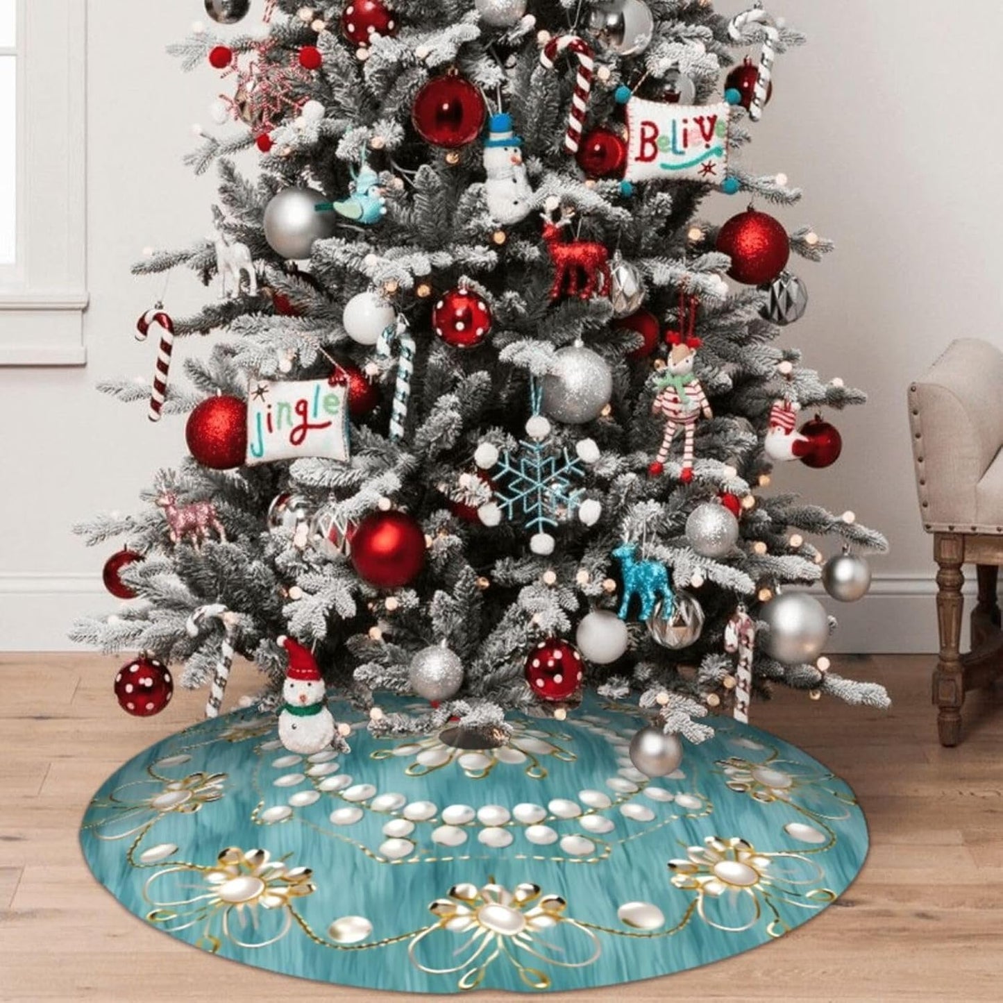 48" Large Christmas Tree Skirt, Elegant Circular Round Shape Turquoise Pattern Tree Mat Base Cover for Xmas Festive Holiday Party Decoration Ornaments