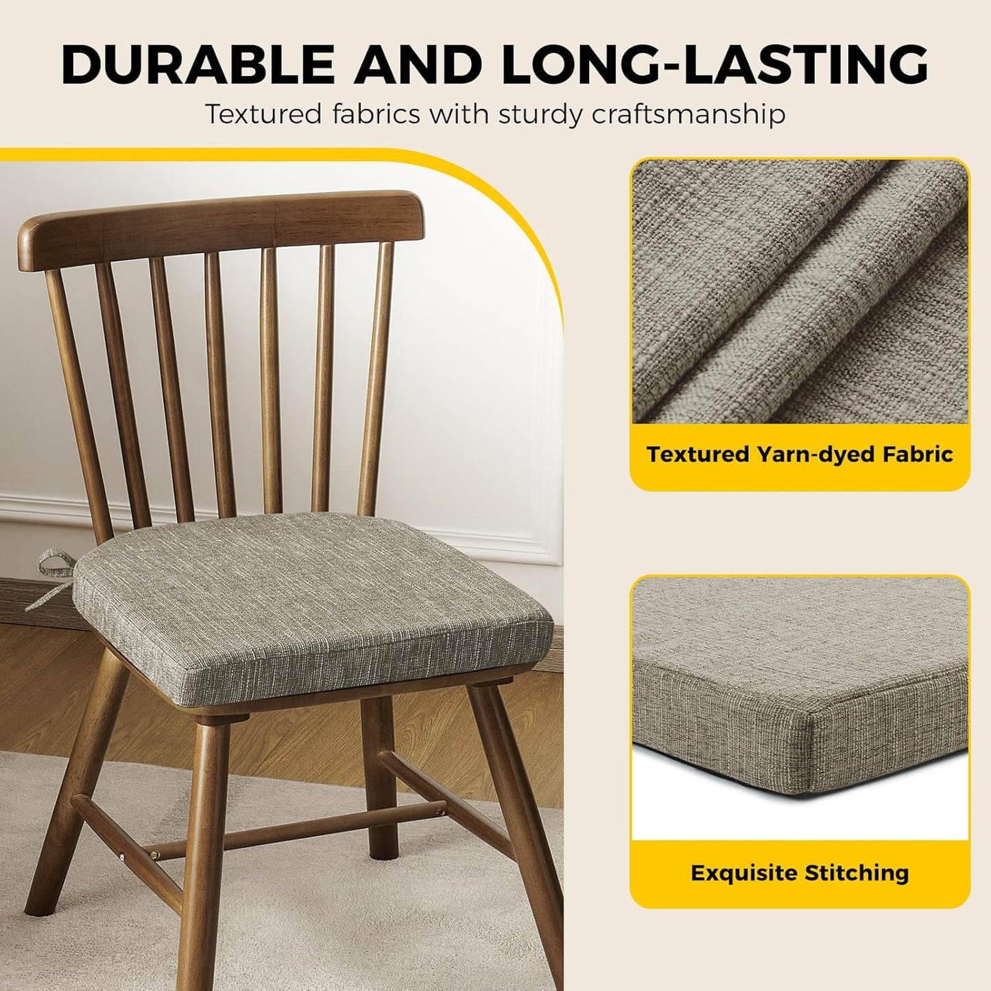 downluxe Indoor Chair Cushions for Dining Chairs, Soft and Comfortable Textured Foam Kitchen Chair Pads with Ties and Non-Slip Backing, 16" x 16" x 2", Khaki, 2 Pack