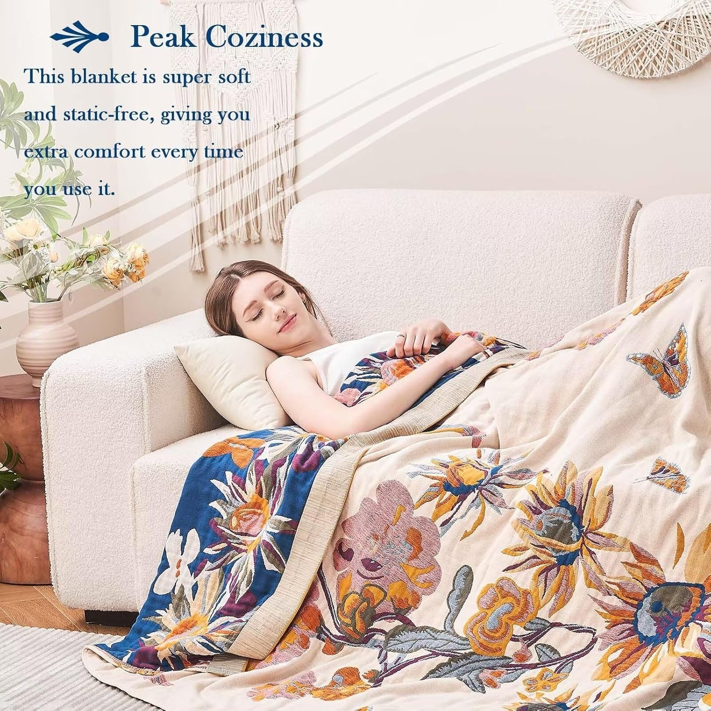 Boho Throw Blanket, 100% Cotton Ultra Soft Luxury Throw Rustic Quilt, 90"x98" Floral Bird Butterfly Farmhouse Decor Bed Blankets, All Season Rustic Reversible Bohemian Throw for Bed - Yellow