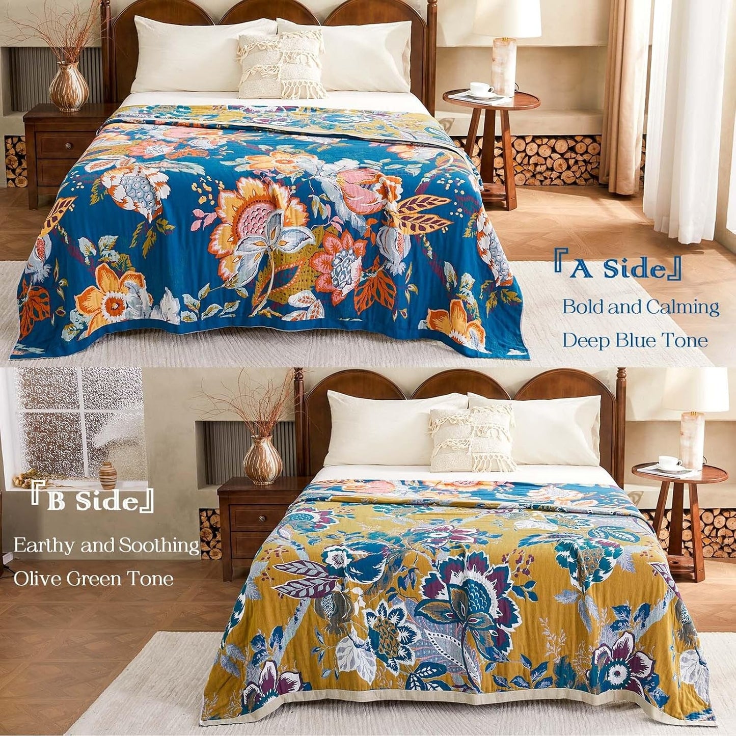 Boho Throw Blanket, Blue Lightweight Blankets for Summer, 100% Cotton Bohemian Decorative Throw Blanket, 50"x60" Reversible Muslin Breathable Woven Farmhouse Blankets Quilt,