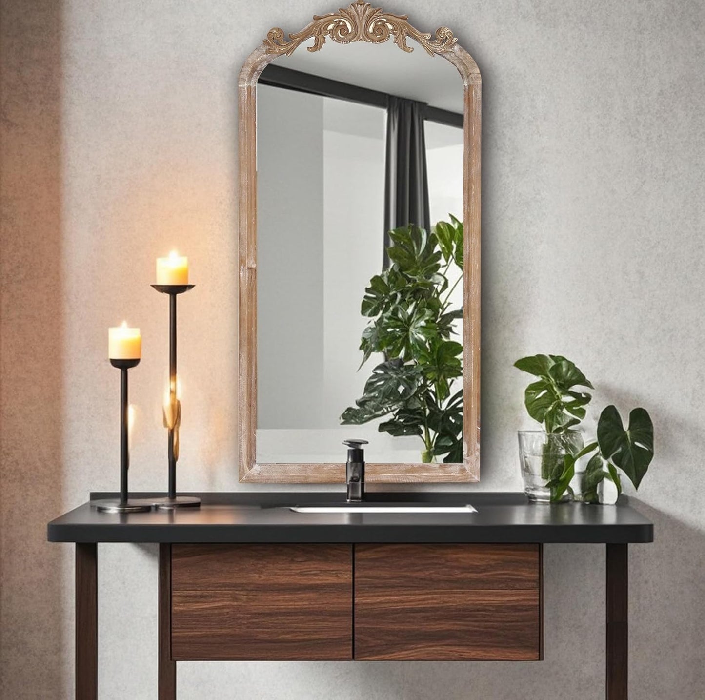 36" Tall Wood Framed Vintage Baroque Style Ornate Wall Mirror in Rustic Brown Finish for Farmhouse, Cottage, Attic for Bathroom, Living Room, Bedroom and Drawing Room(Brown, 16"x32")