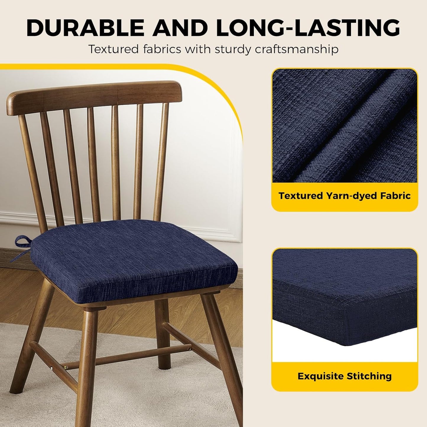 downluxe Indoor Chair Cushions for Dining Chairs, Soft and Comfortable Textured Foam Kitchen Chair Pads with Ties and Non-Slip Backing, 16" x 16" x 2", Navy, 2 Pack