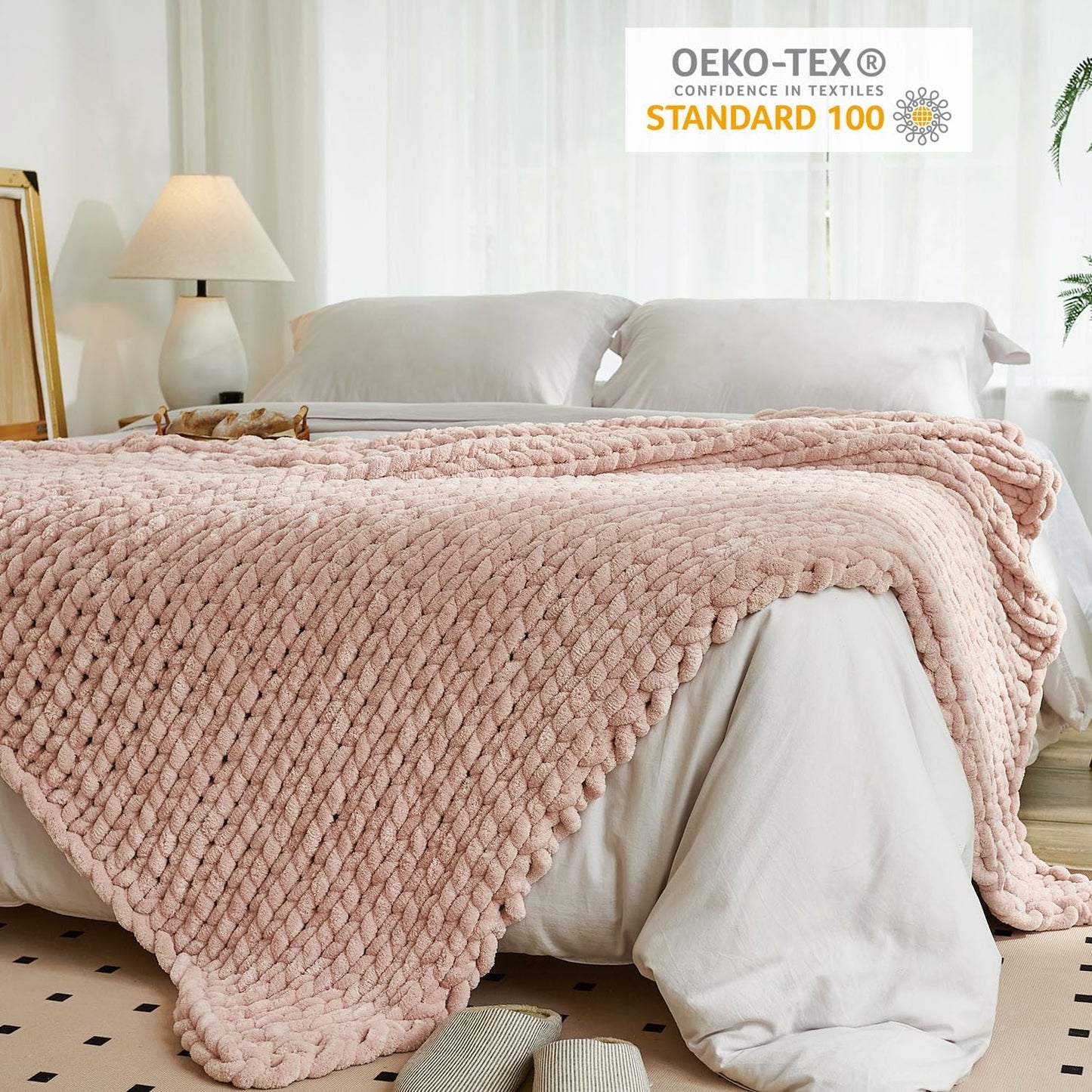 Esterra Chunky Knit Throw Blanket Newly Upgraded Heavy Tighter Version, Handmade Chenille Throw Super Soft, Thick Yarn Cable Knit Crochet Throw Blanket for Couch Bed Sofa, 50" x60, Coral Pink