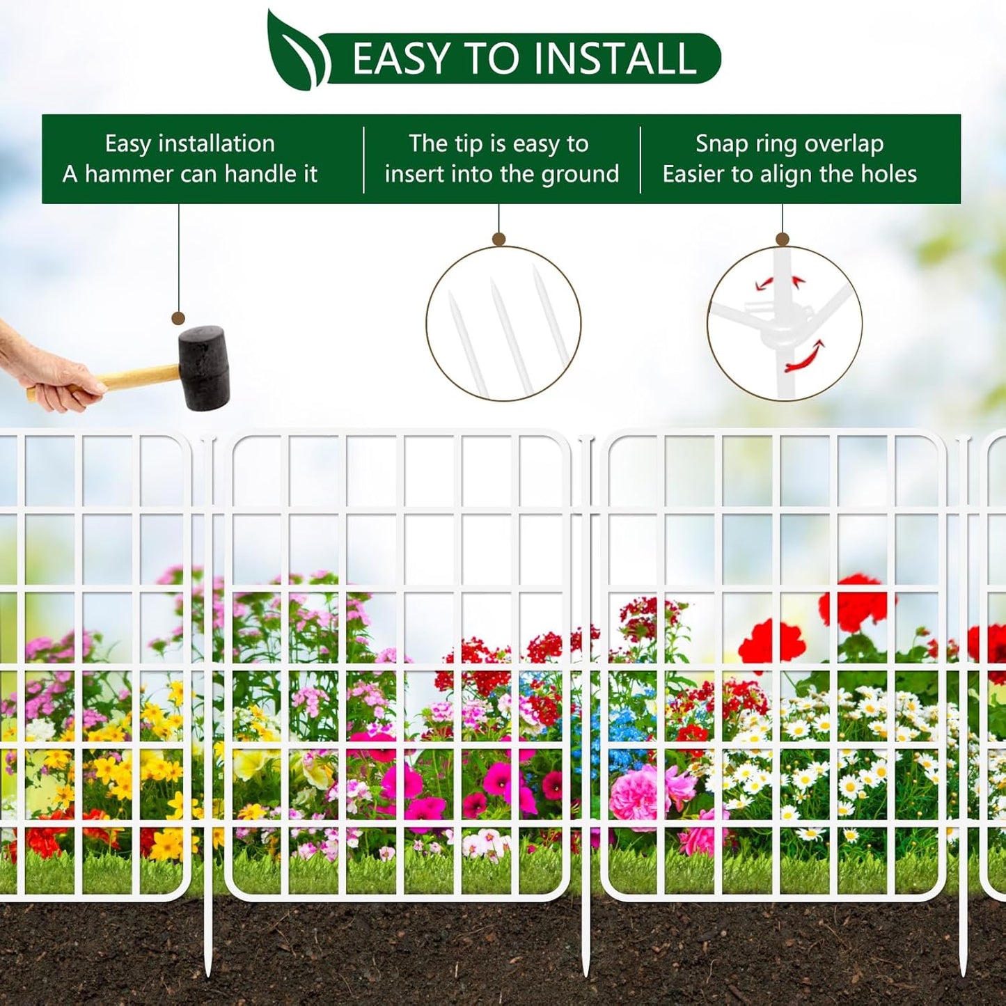 13ft x 17in Garden Fence Animal Barrier, 12 Panels No Dig Fence Border, Rustproof Metal Decorative Garden Fencing with Ground Stake, Flower Bed Edging Border for Dog, Rabbit, Outdoor Patio, White