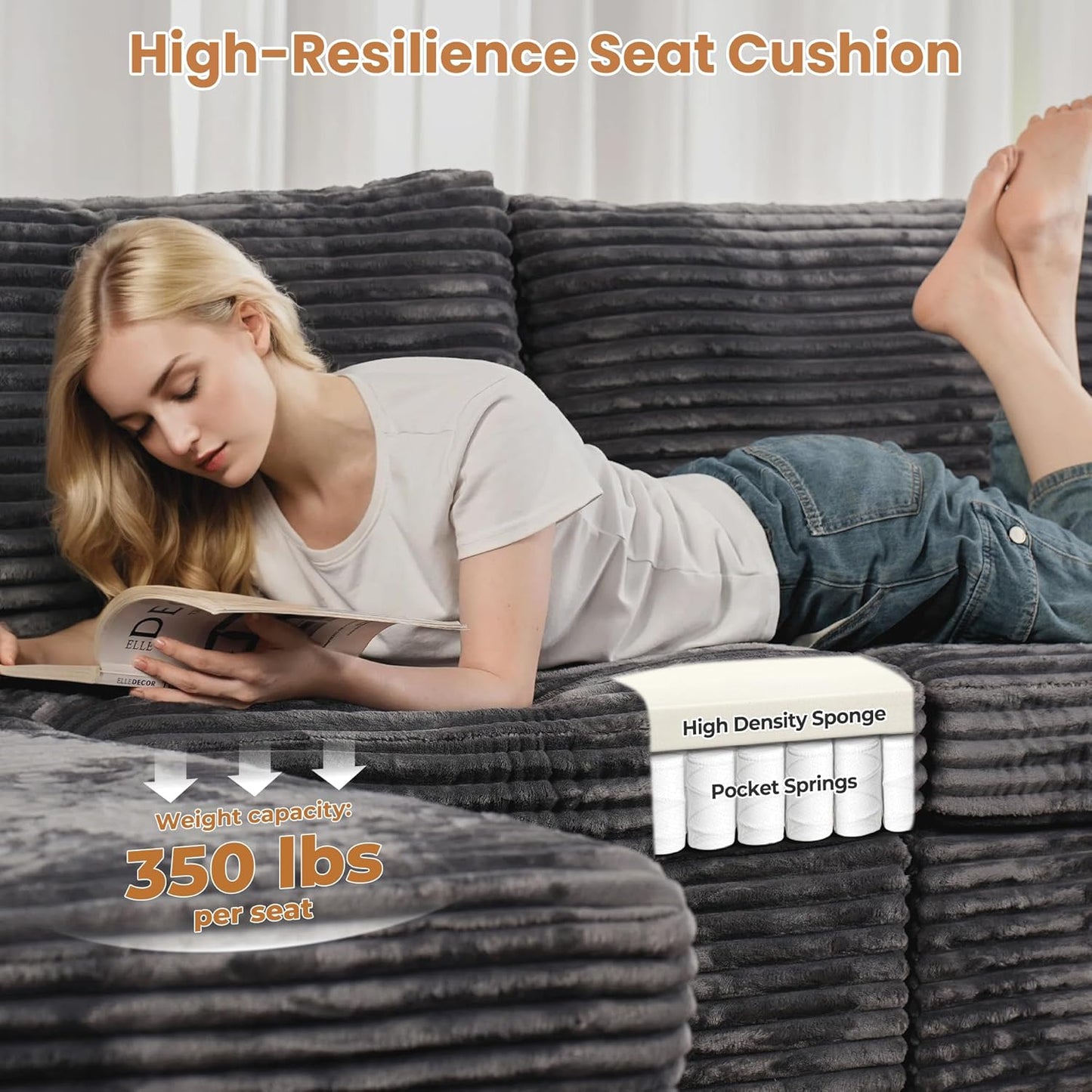 ovios Sectional Sofa Couch with L-Shape Chaise Sofa Bed, Comfy Modular Cloud Couches with Deep Seat, Modern Upholstered Plush Corduroy Sofas Set for Living Room, 5-Seater, Grey