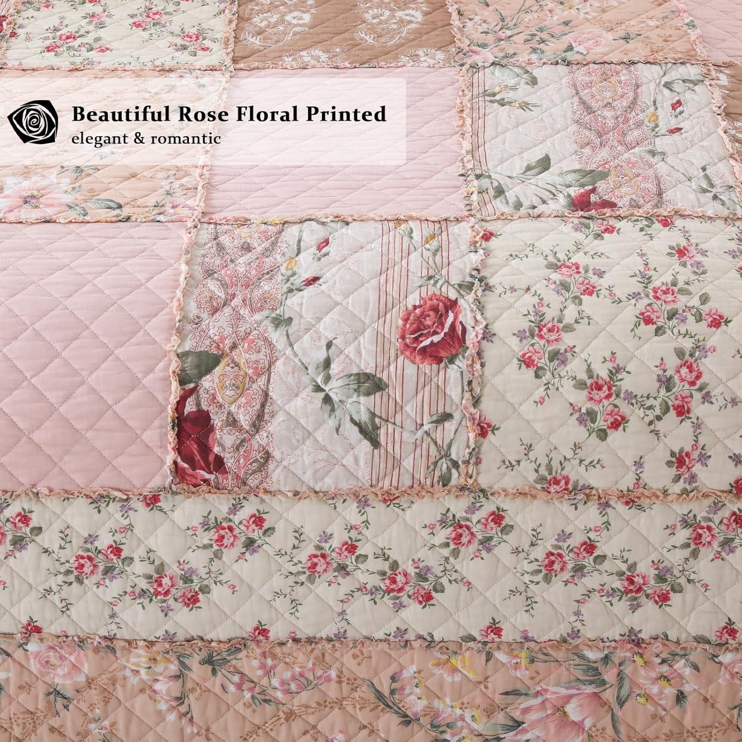 Yvooxny Quilts California King Patchwork Pink Floral Quilt Set Vintage Shabby Chic Botanical Quilted Bedspread 3-Piece Quilt Set with Ruffles for All Seasons, California King, 118 * 110 Inches