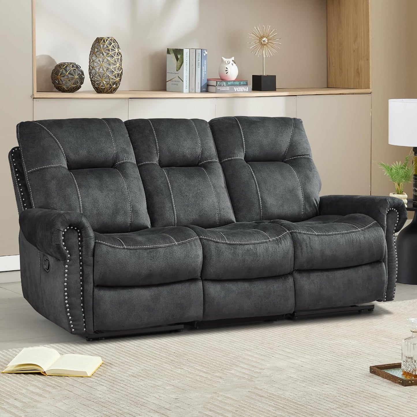 EBELLO Manual Recliner 3 Seat Sofa Couch, Soft Fabric 3 Seater Reclining Couch Chair, Vintage Rivet Mid-Century Design Furniture for Living Room, Meeting Room, Grey
