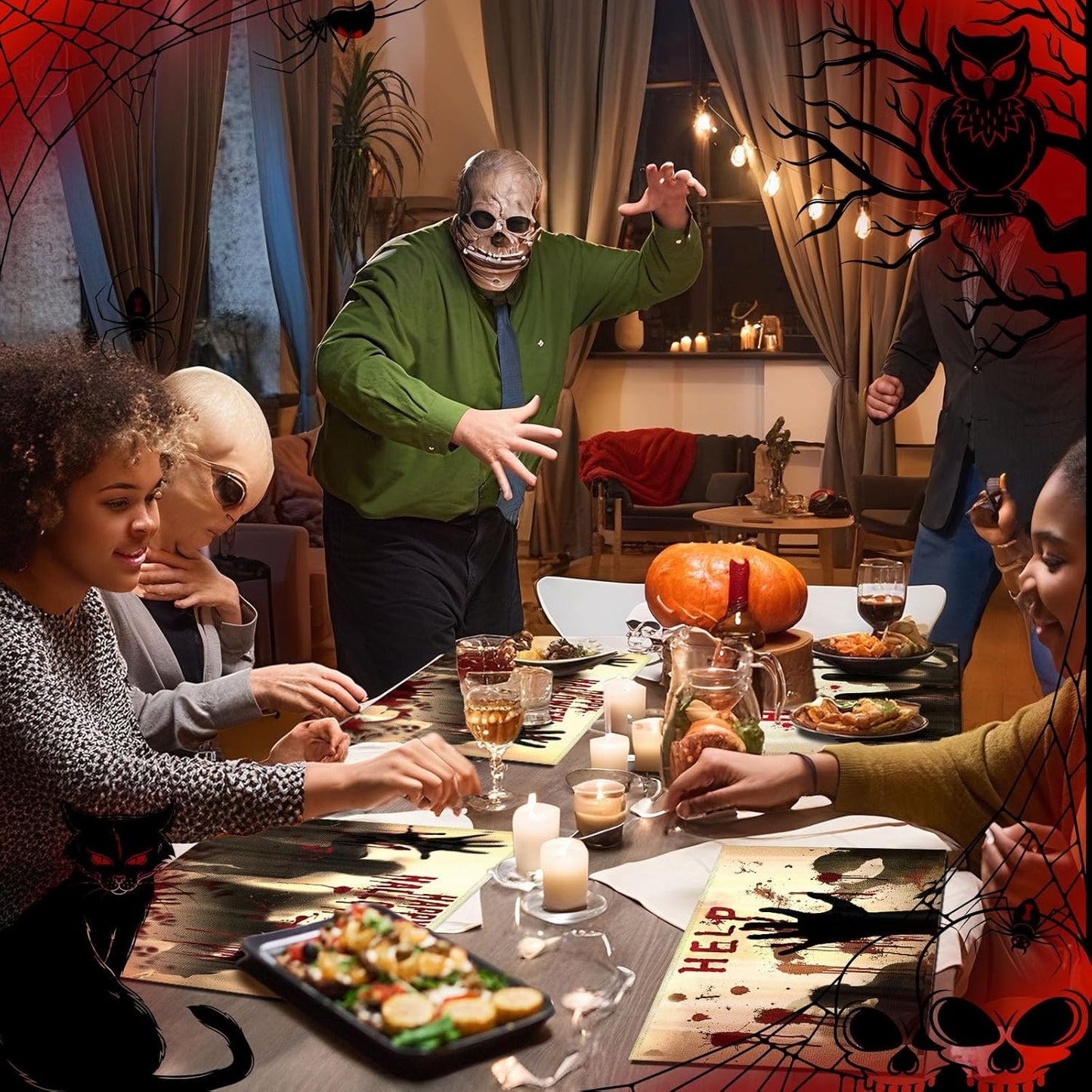 Umigy 6 Pcs Halloween Placemats 12"x18" Gothic Bat Placemats Kitchen Decoration Washable Witch Place Mats Rectangle Skull Table Mats for Halloween Dining Table Accessories (Bloody Hands Style)