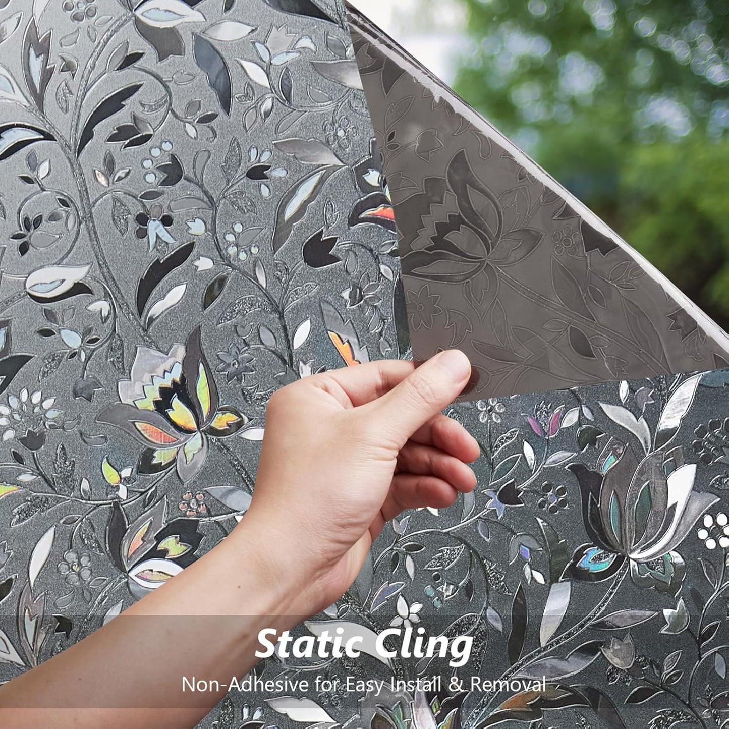 Kromapolis Window Film, Window Privacy Film Frosted, Vinyl Glass Covering, Stained Glass Decorative Film, Static Window Clings, Non-Adhesive (Grayish Black, 17.5 x 157.4 inch)