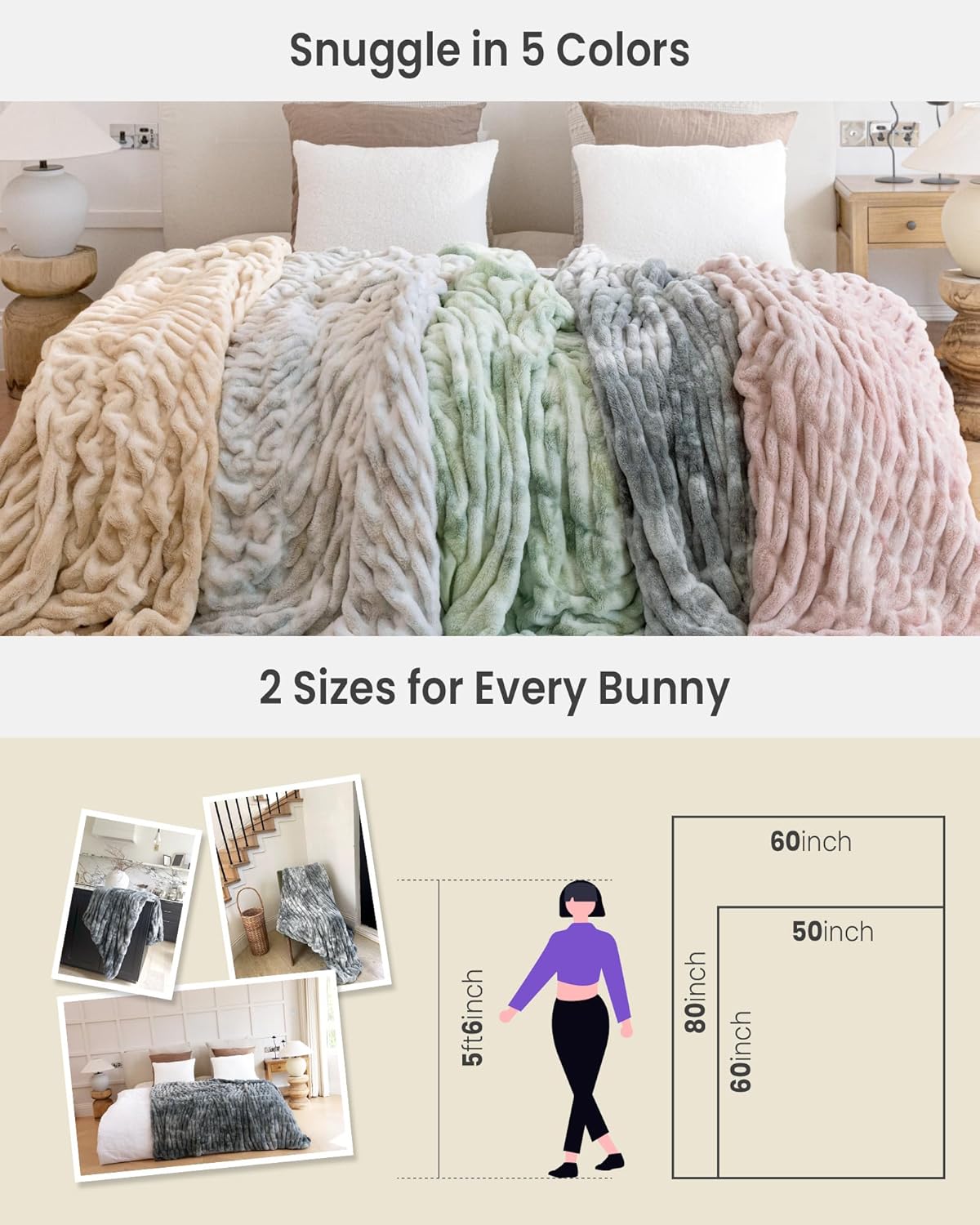 Faux Fur Blanket, Twin Size Oversized Throw Blanket for Couch, Fluffy Blanket with Stretch Ruched Design, Ultra Soft Giftable Home Decor, 60x80 inches, Tie-Dyed in Gray