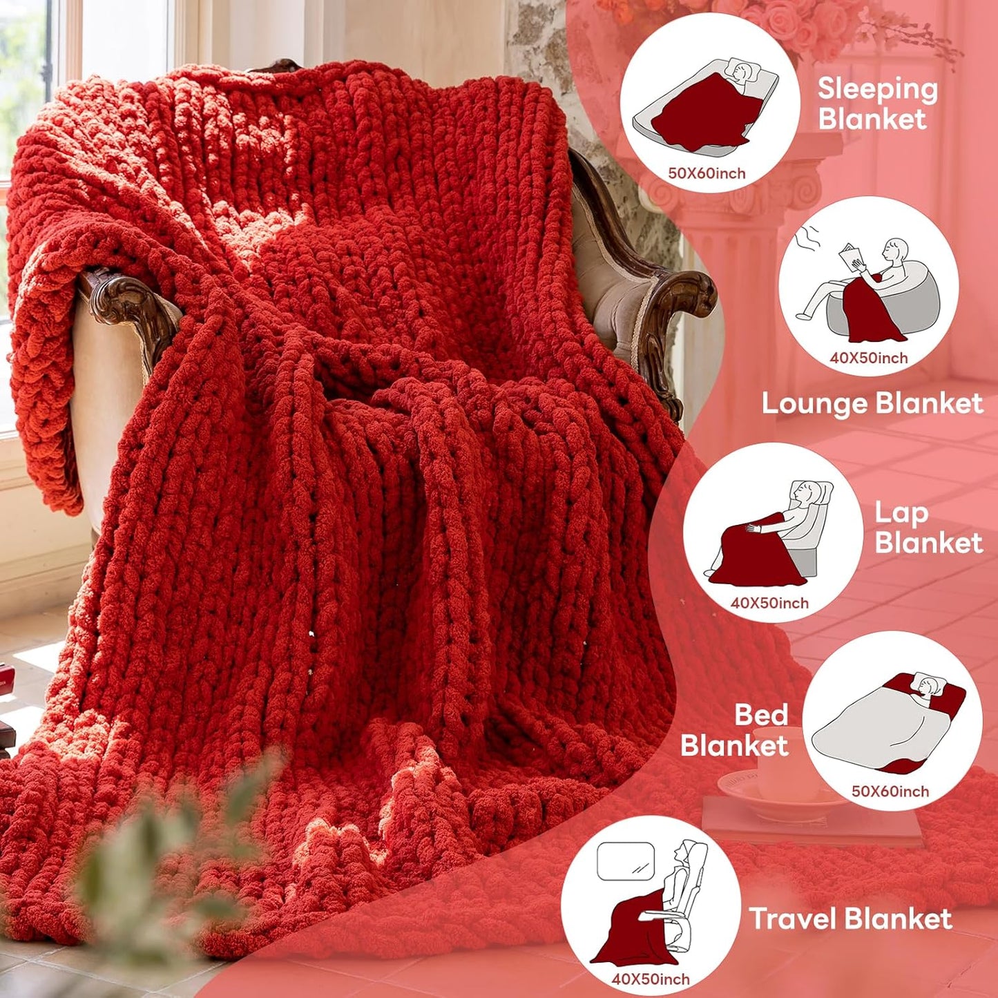 Chunky Knit Blanket - Luxury Soft Cozy Queen Size(50 * 60) Throw Blanket,100% Woven Blanket Rope Knot Throw Blanket for Couch, Sofa, Home Decor, Gift - Machine Washable(Wine red)
