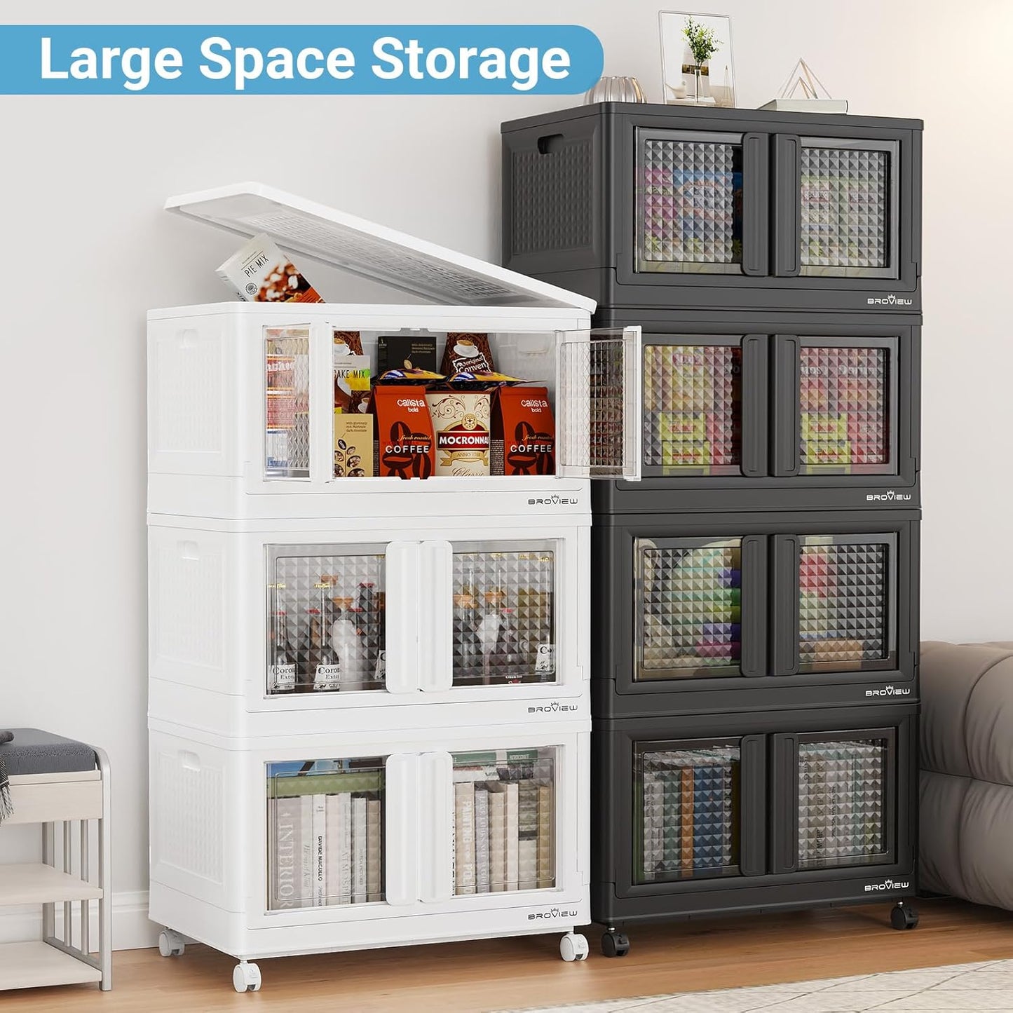 400Qt Stackable Storage Bins with Lids, 100Gal Closet Organizers and Storage Drawer, Plastic Collapsible Storage Bins with Doors, Heavy Duty Store Box Cabinet for Home Kitchen, 4Pack Black