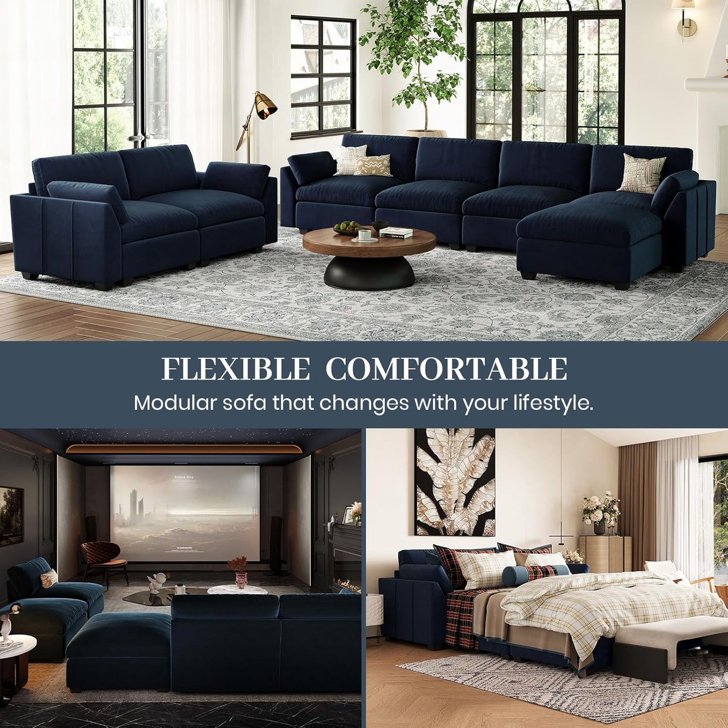 Belffin Sectional Couches for Living Room,106.3" 6-Seater Sleeper Sofa Bed,Extra Deep Seat Velvet Cloud Couch with Ottoman,Modular Sectional Sofa with Washable Covers,Blue