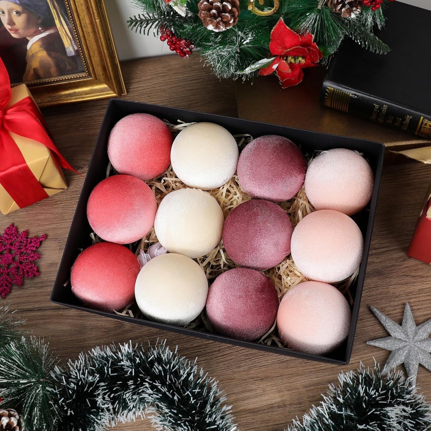 12Pcs Velvet Christmas Ornaments Balls,Pink Christmas Tree Decoration Shatterproof Ball with Hanging for Party Decor Multicolor Pink Beige 80mm/3.15in