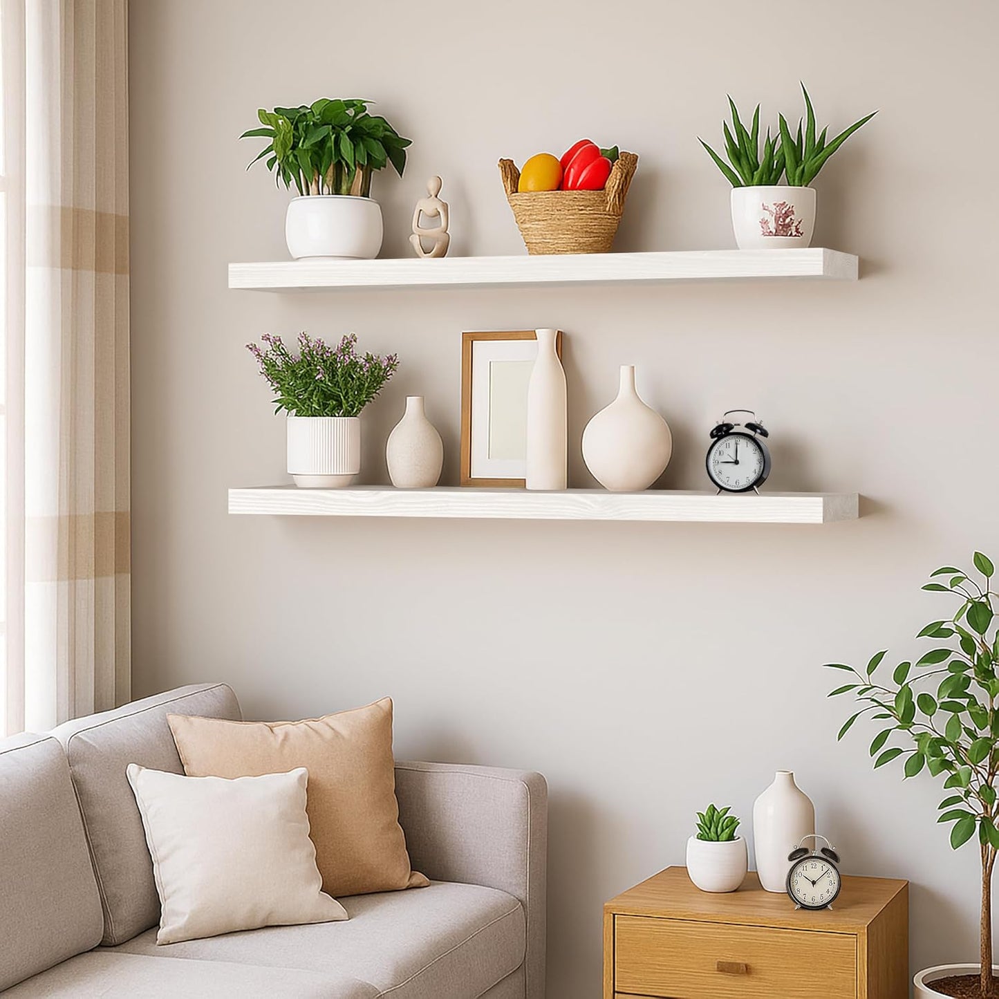 BGMG Wood Floating Shelves 36 inch Long, Wide Rustic Wooden Wall Shelves for Bathroom Living Room Bedroom Kitchen Farmhouse Set of 2-36x6.7x1.25 inch-White