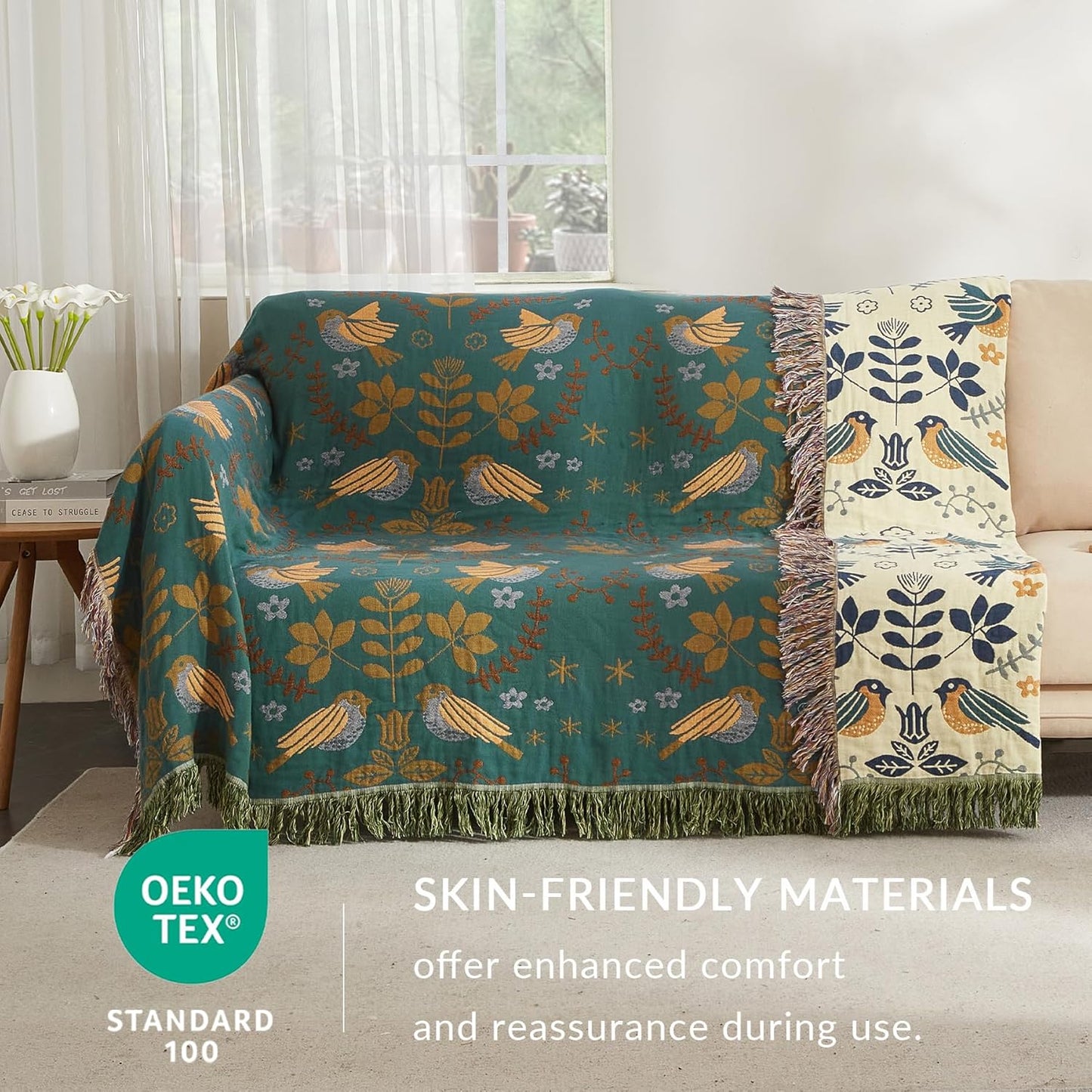Boho Throw Blanket for Couch Sofa Bed, 100% Cotton Woven Quilt with Tassel 90”x98”, Super Soft Muslin Blanket with Bird Printed, Decorative Reversible Bed Blanket/Cover for All Seasons