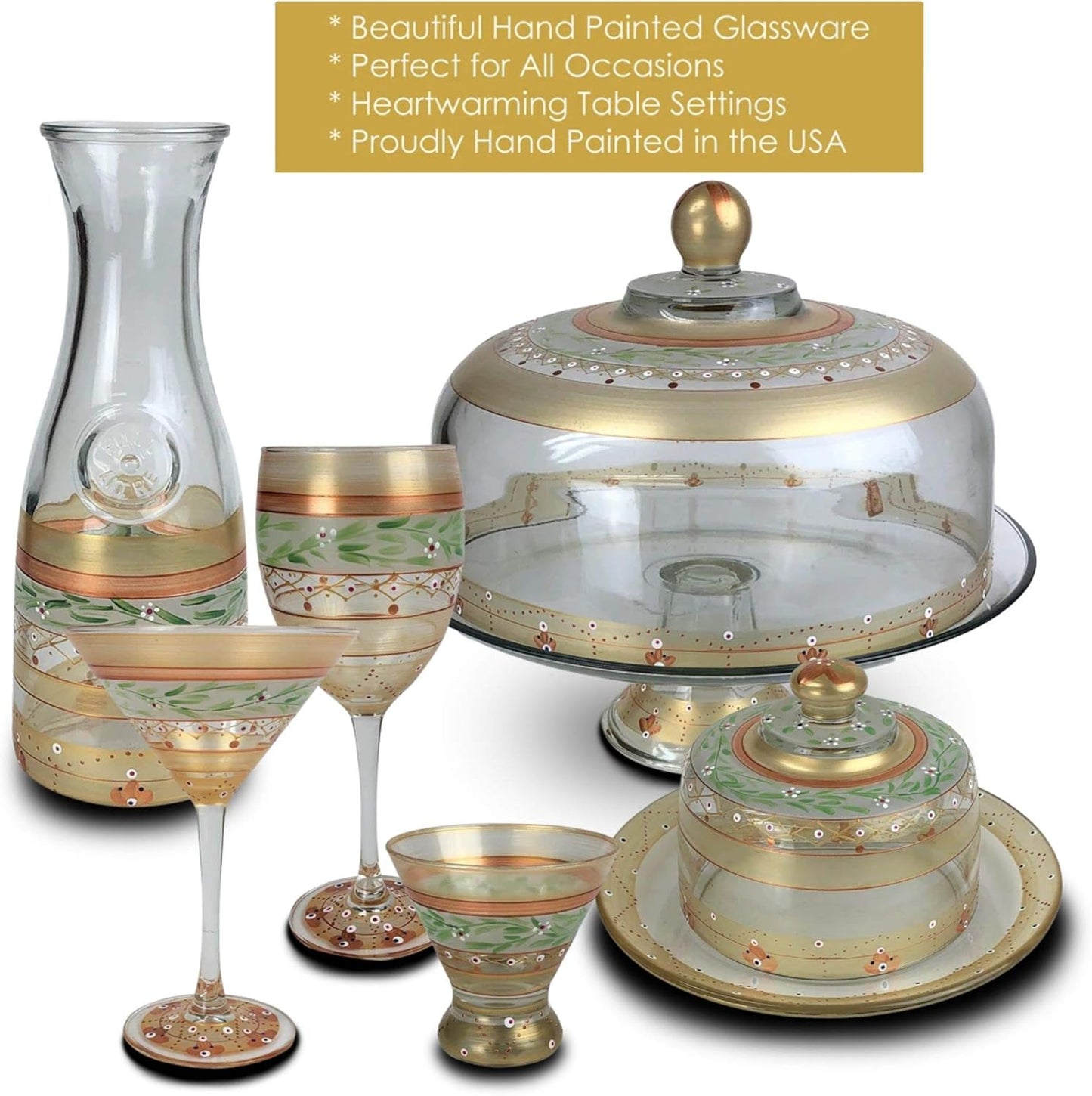 Crafted Creations Set of 2 Gold Mosaic Garland and Stripes Hand Painted Glass Serving Bowls 6"