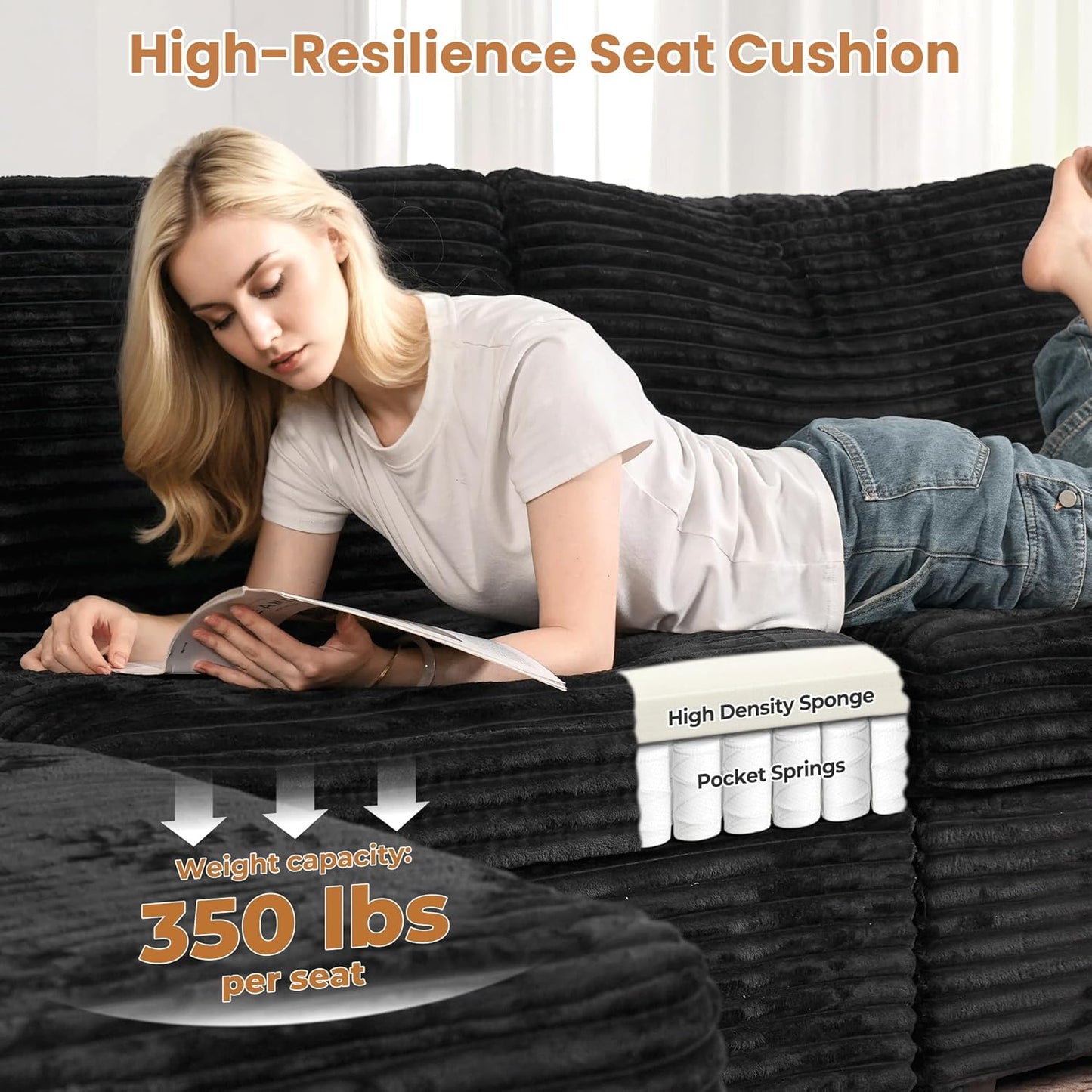 ovios Sectional Sofa Couch with L-Shape Chaise Ottoman, Comfy Modular Cloud Couches with Deep Seat, Modern Upholstered Plush Corduroy Sofas Set for Living Room, 5-Seater, Black