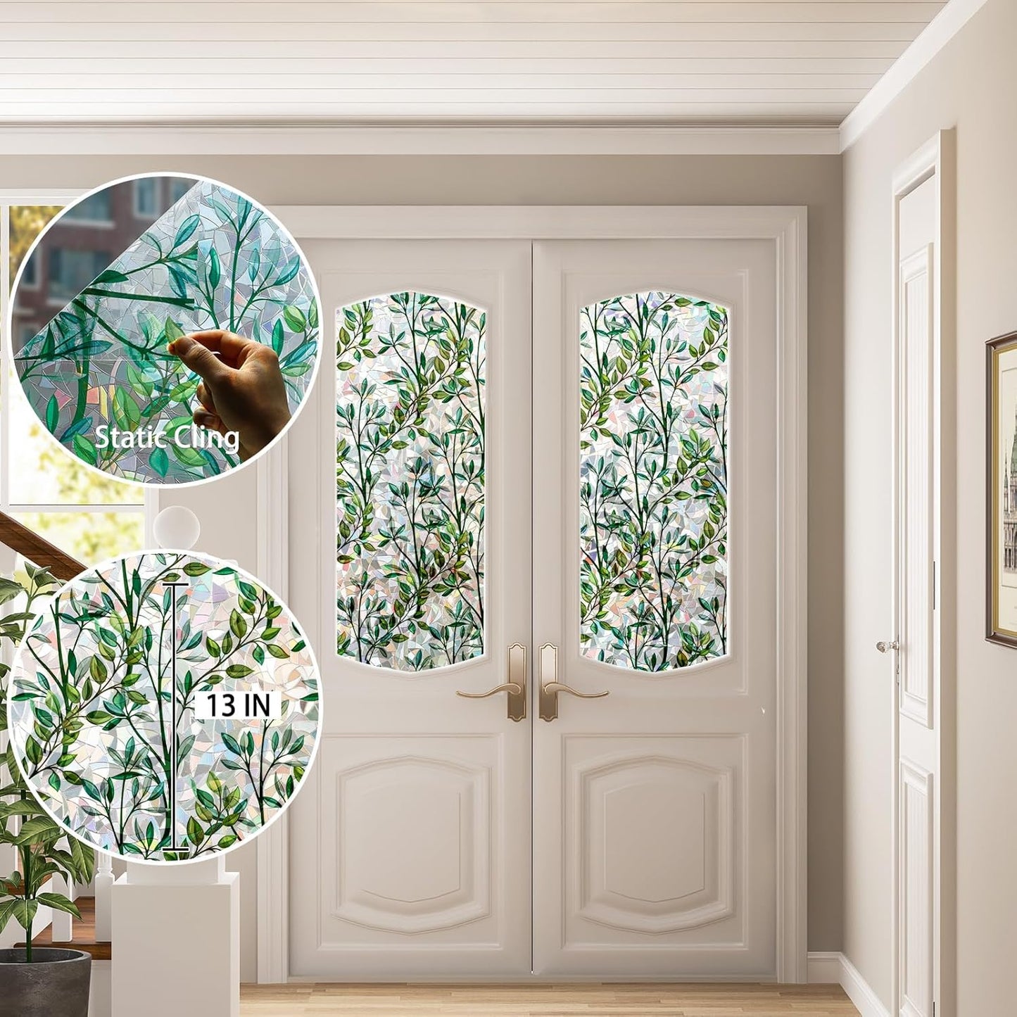 Rainbow Window Privacy Film 3D Leaf Decorative Stained Glass Window Film Anti UV Non-Adhesive Reusable 17.5" x 157.4" for Home Room Car Glass Cling