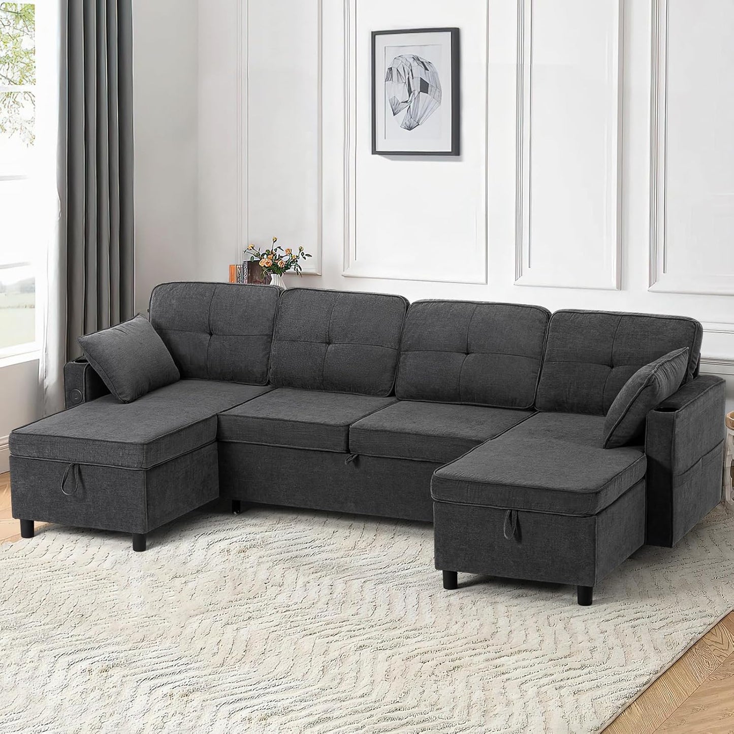 110 Inches Chenille Sectional Sofa w/Adjustable Back & Pull Out Sofa Bed, Tufted U Shaped Couch w/Two Storage Chaises, Sleeper Sectional Sofa w/USB Port & Cup Holders for Living Room, Grey