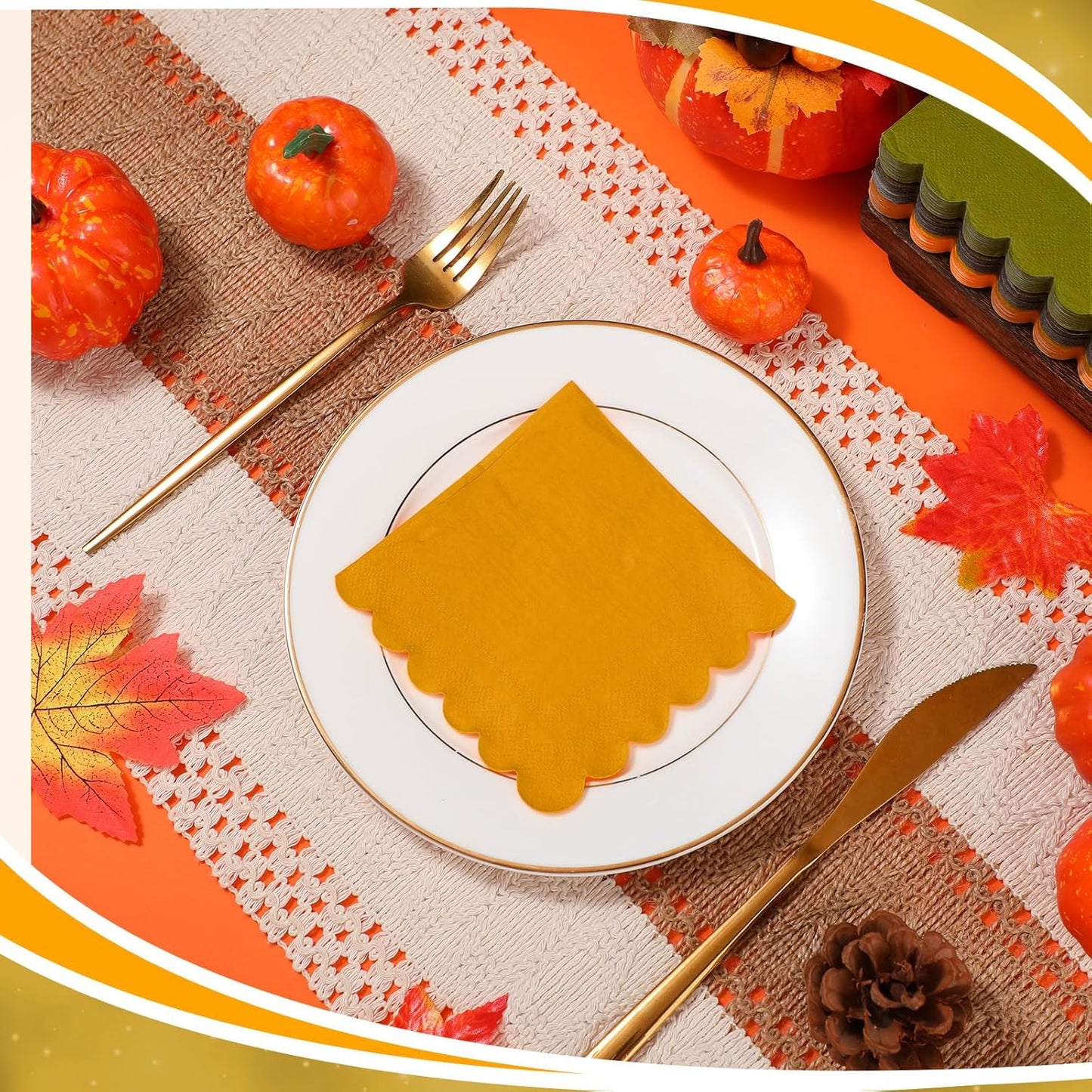 150 Pcs 5 x 5 Inches Fall Thanksgiving Paper Napkins Scalloped Cocktail Napkins Disposable Autumn Harvest Party Supplies Dessert Beverage Bathroom Table Dinner Wedding Decor