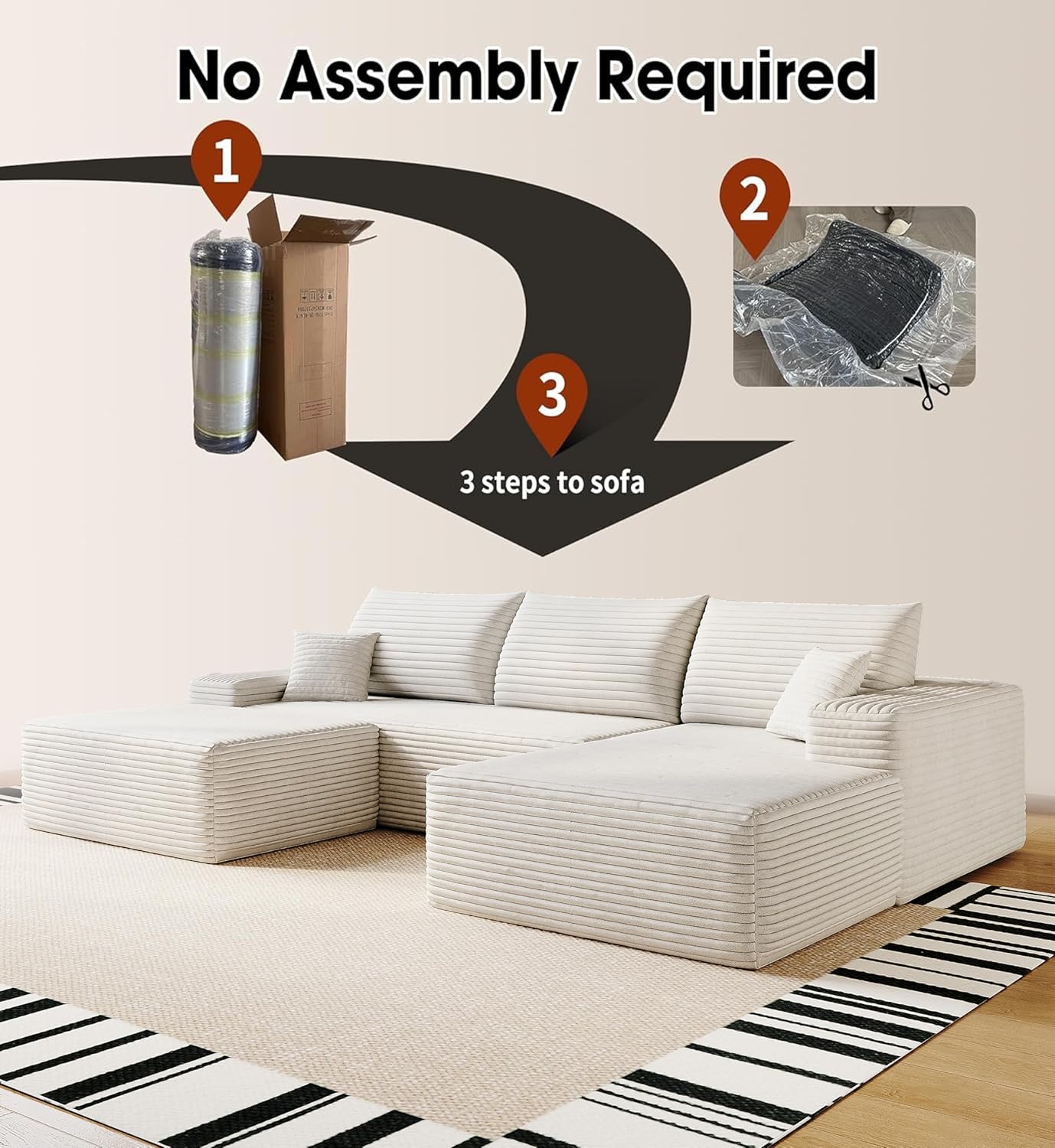 108" Sectional Couches for Living Room Modern Modular Sofa with L-Shape Couchs Upholstered Boneless Couch Deep Seat Sectional Couch with Chaise (White, Right Facing Chaise+2Seaters+1Ottoman)