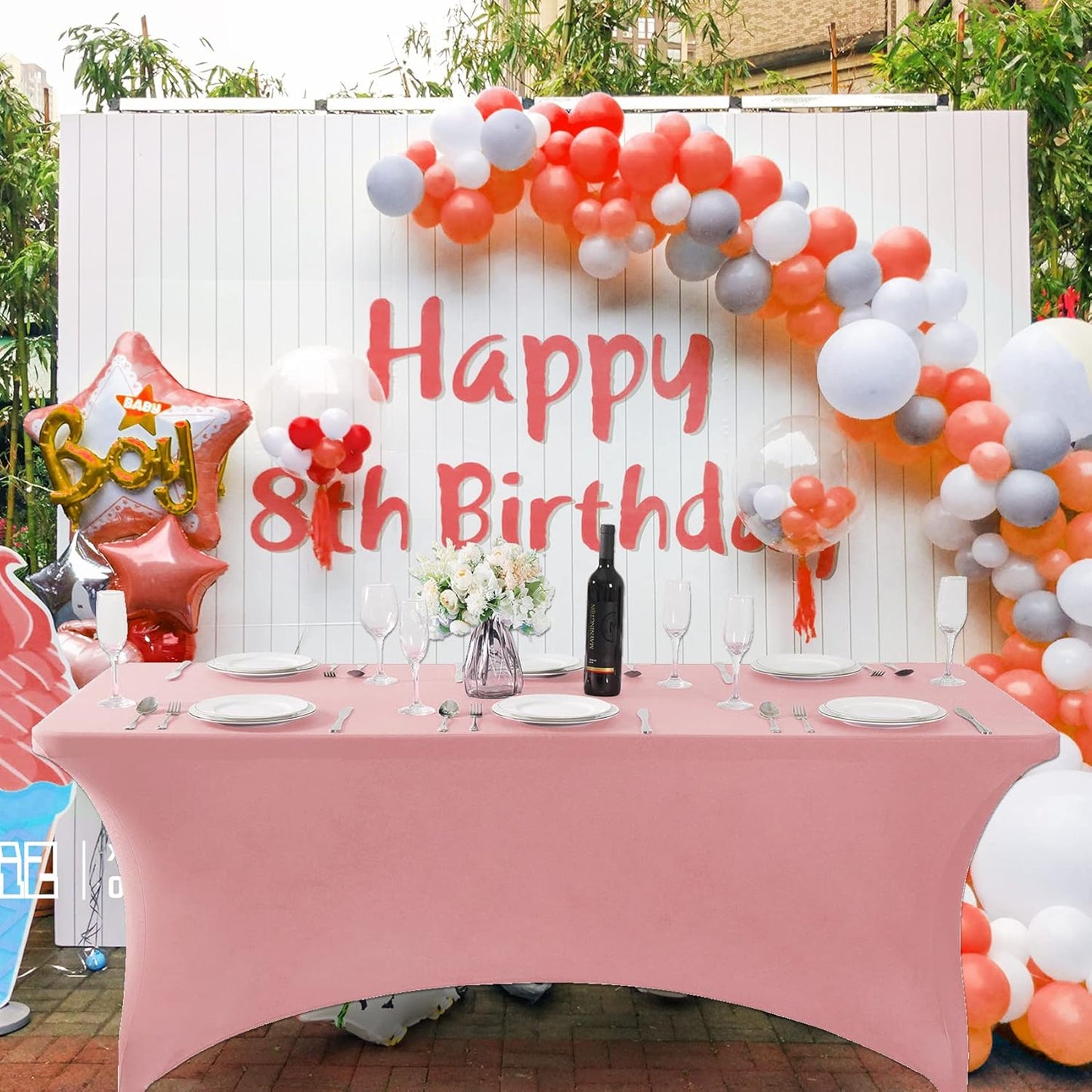 SuperO Waterproof Spandex Table Cover for 8FT Table Universal Fitted Stretch Tablecloth for Party, Banquet, Wedding and Events-Dusty Pink