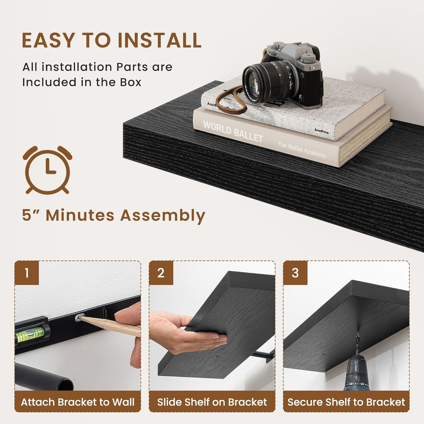 fuqing Floating Shelves for Wall, Bathroom Shelf Wall Mounted for Storage, Shelves with Invisible Bracket for Bedroom, Kitchen, Living Room, Farmhouse Small Book Shelf, 36 Inch Set of 2, Black