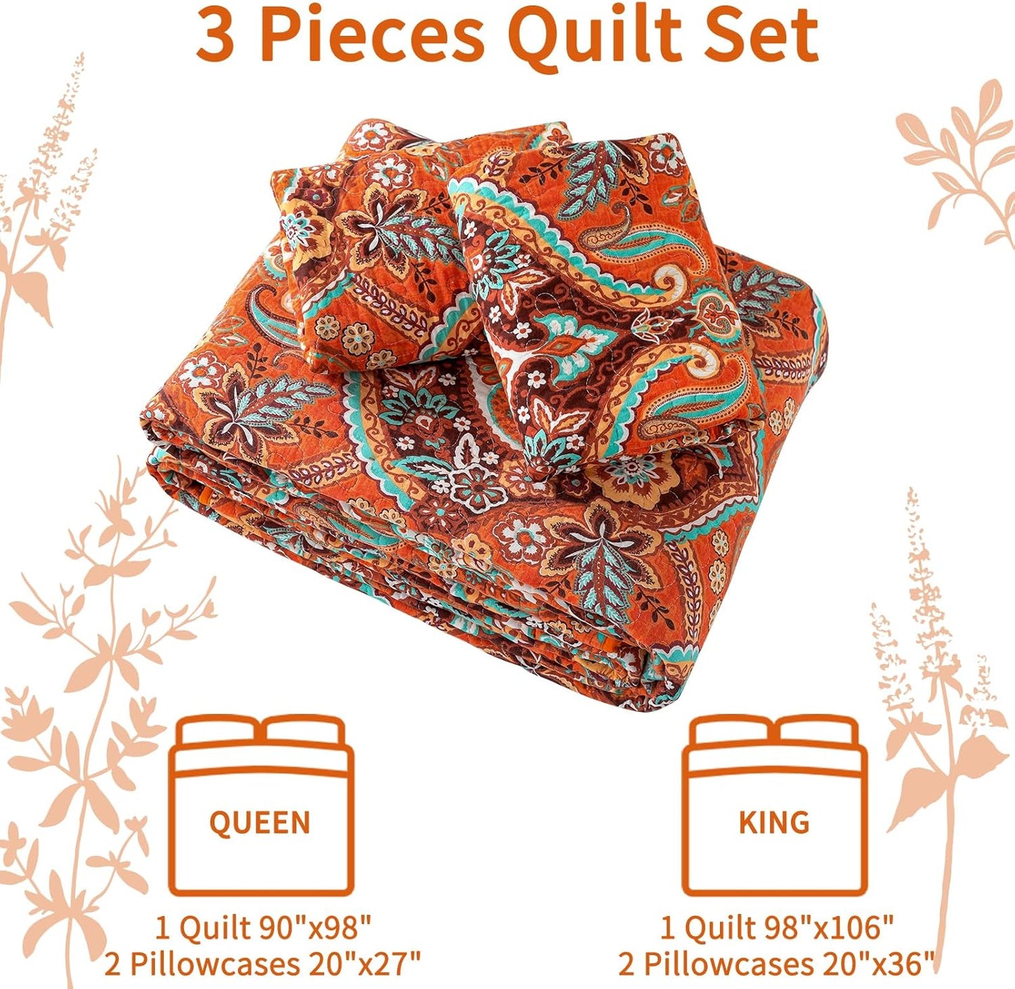 VAPUTAR Cotton Quilt King Size, King Size Quilt Bedding Set with Bohemian Damask Pattern-3Pieces Lightweight Reversible Soft Bedspread Coverlet (98 * 106 in) Suitable for All Season (Light Orange)