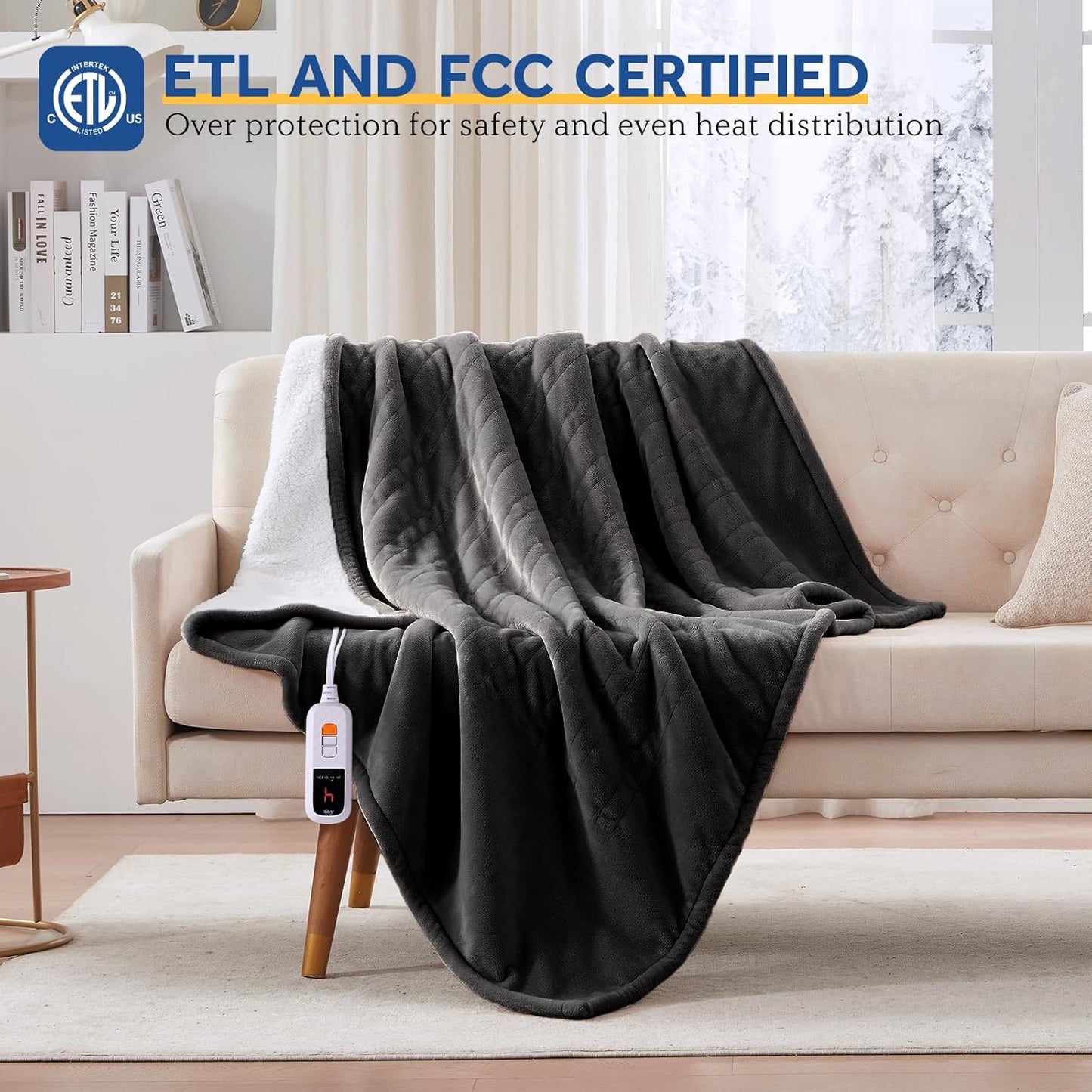 Sealy Electric Blanket Throw Size 50"*60",Super Cozy Flannel to Sherpa Reversible Heated Blanket Throw with 6 Heating Levels & 2-10 Hours Auto Off Overheating Protection Machine Washable,Charcoal