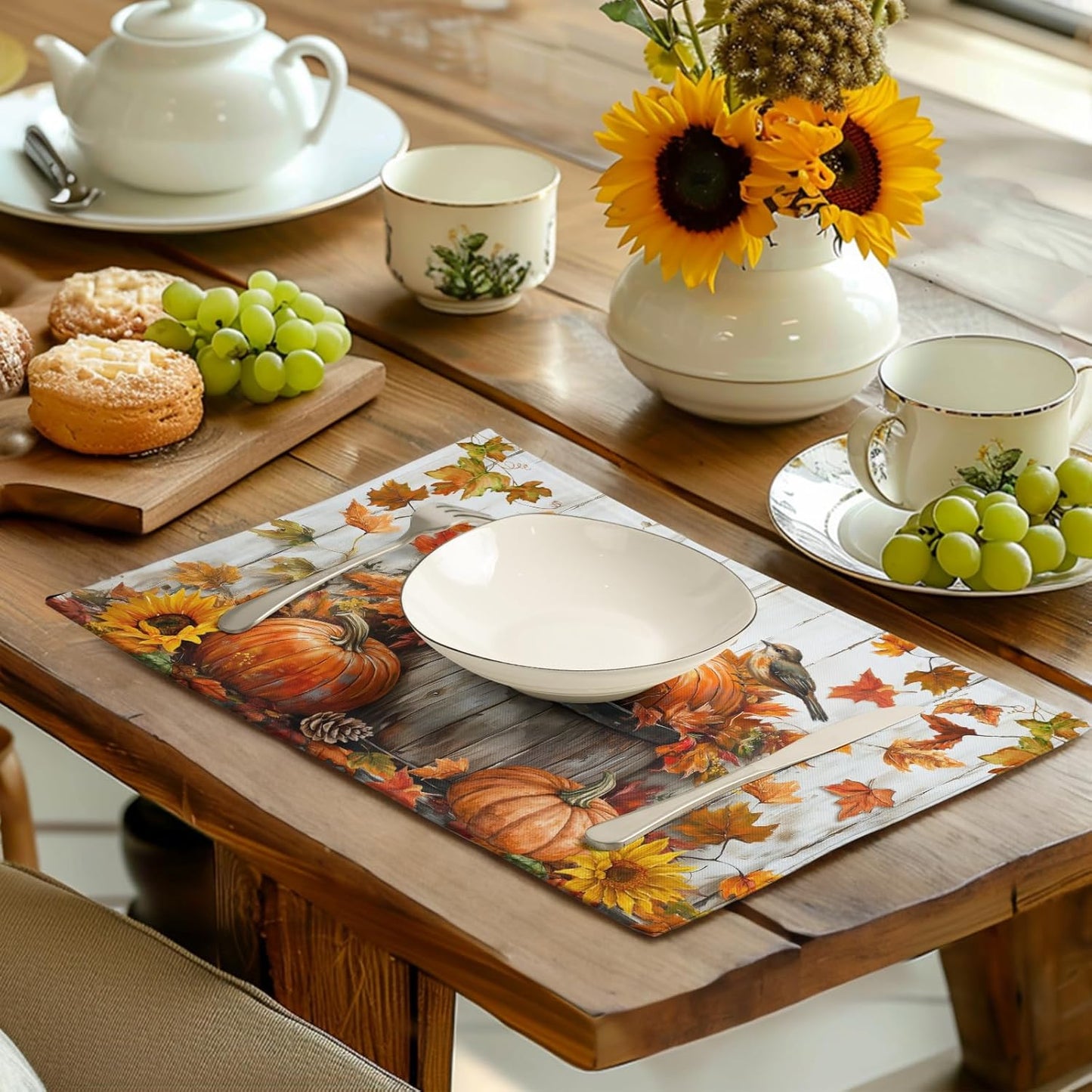 Fall Placemats 12x18 Inch Set of 4 Pumpkin Maple Leaves Sunflower Bird Linen Place Mat Burnt Orange Autumn Thanksgiving Harvest Table Mats for Party Kitchen Dining Decoration