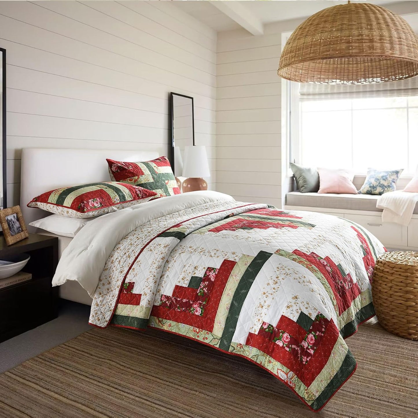 Secgo Handmade Quilted 100% Cotton Queen Comforter Set for Bed - 100% Cotton Quilts Queen Size, Black Bedspreads (90 * 96 Inch) with 2 Pillow Shams, Patchwork Reversible Lightweight Bedding