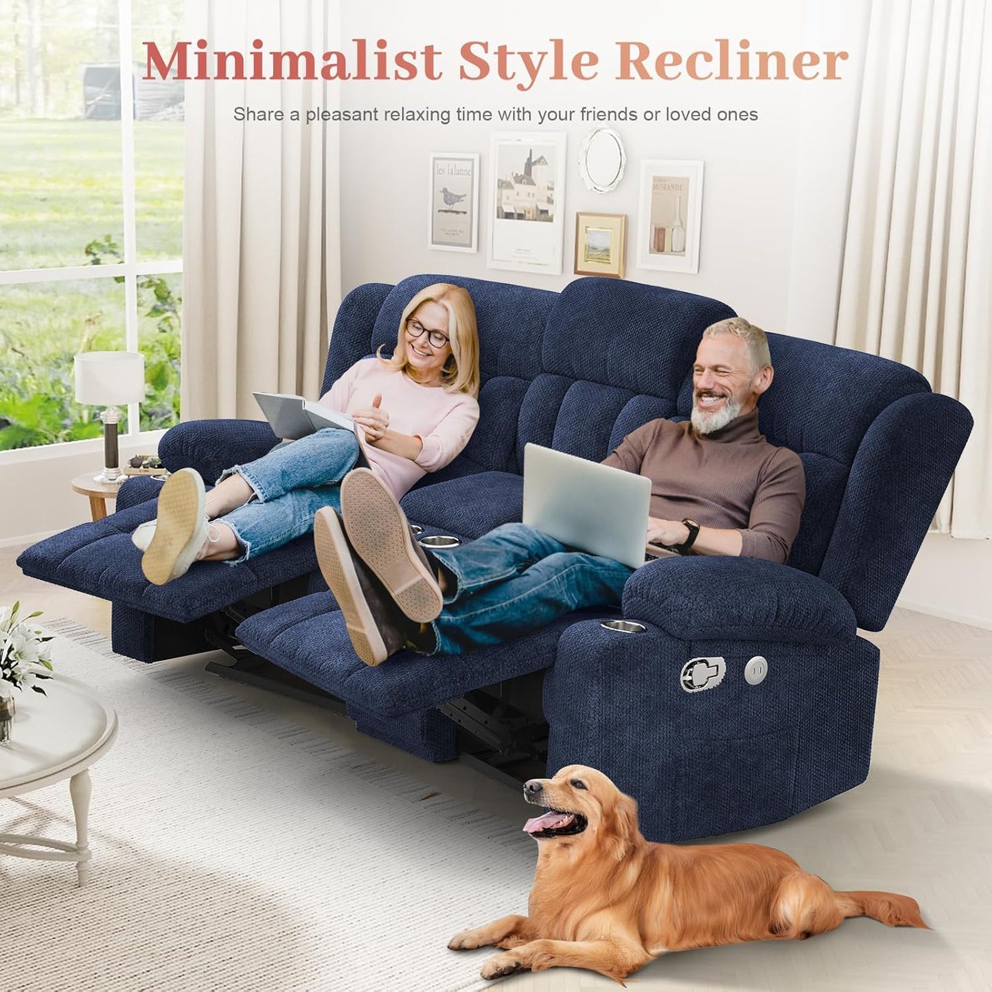 Loveseat Recliner Sofa, 2 Seater Curved Sofa for Living Room, Fabric Manual Pull Tab Reclining Loveseat with Storage Console, Recliner Loveseat Couches with USB Charge Ports, Cup Holders, Blue