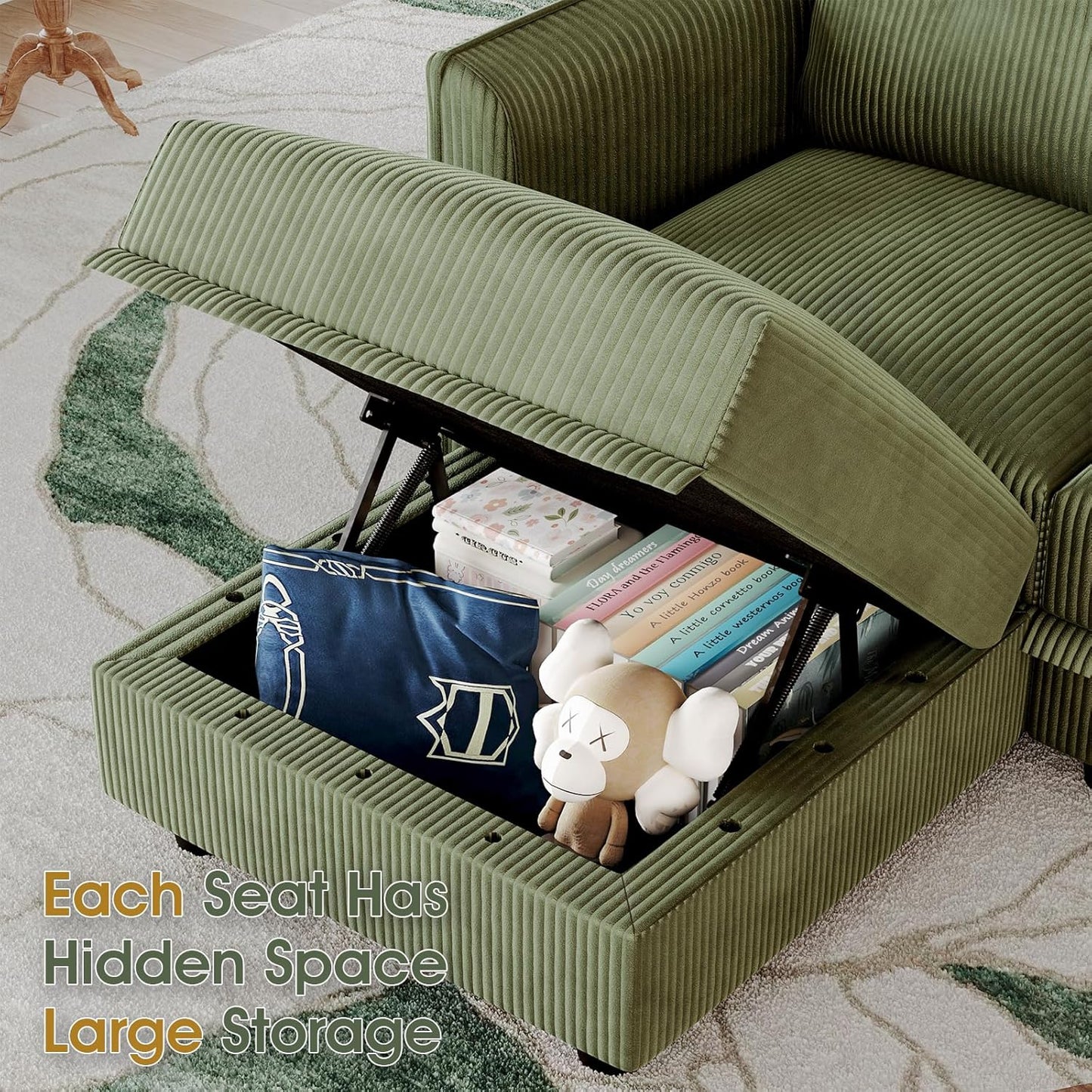 LLappuil Modular Sectional Sofa with Storage Seats, Corduroy Convertible Modular U Shaped Sectional Couch for Living Room, 10 Seat Oversized Sofa with 10 Back Cushion 10 Throw Pillow, Green