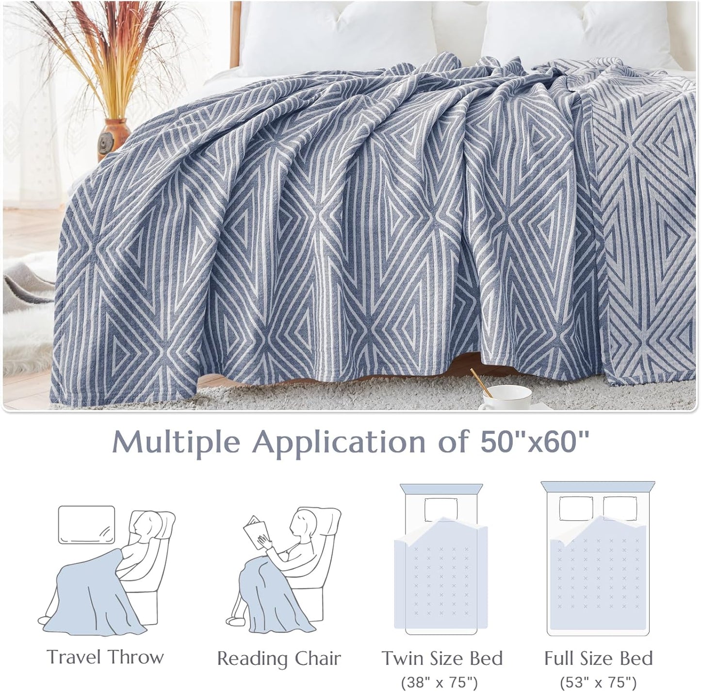 jinchan Boho 100% Cotton Blanket Muslin 50x60 Inches Lightweight 3-Layer Geometric Triangle Striped Pattern Reversible Quilt Throw Soft Breathable Comfy All Seasons for Couch Bed Decor, Blue