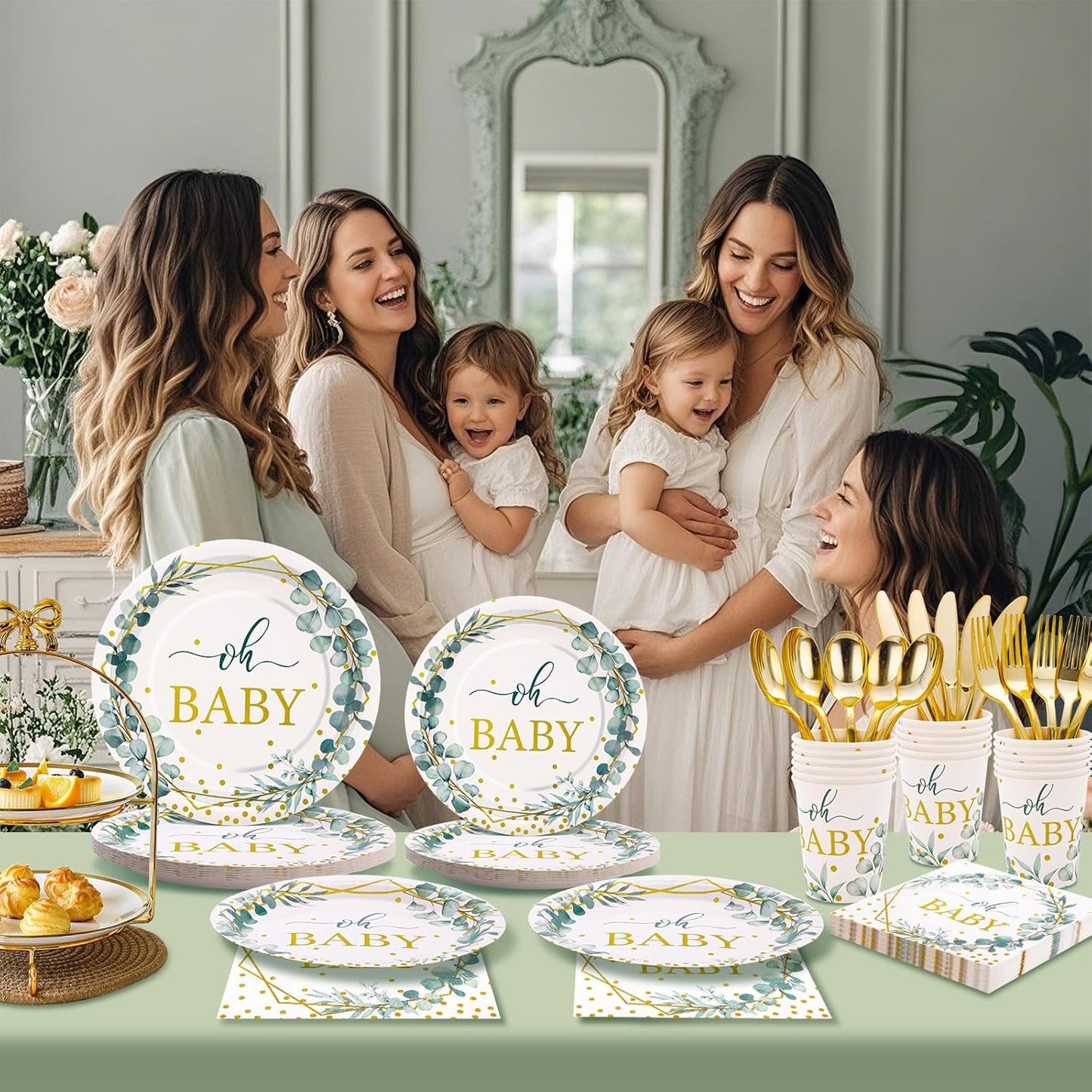 168 PCS Sage Green Baby Shower Decorations Neutral, Baby Shower Plates and Cups and Napkins Sets Serves 24, Oh Baby Plates for Boy, Gender Reveal, Green and Gold Plant Eucalyptus Boho