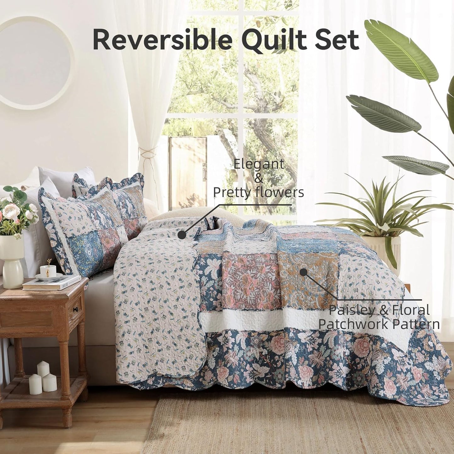 Yvooxny 3-Piece Quilt Set Queen Size Quilted Bedspread Reversible Country Style Blue Floral Paisley Real Patchwork Bedding Quilt Set with Ruffles with Pillowcases for All Seasons, 98 * 90 Inches