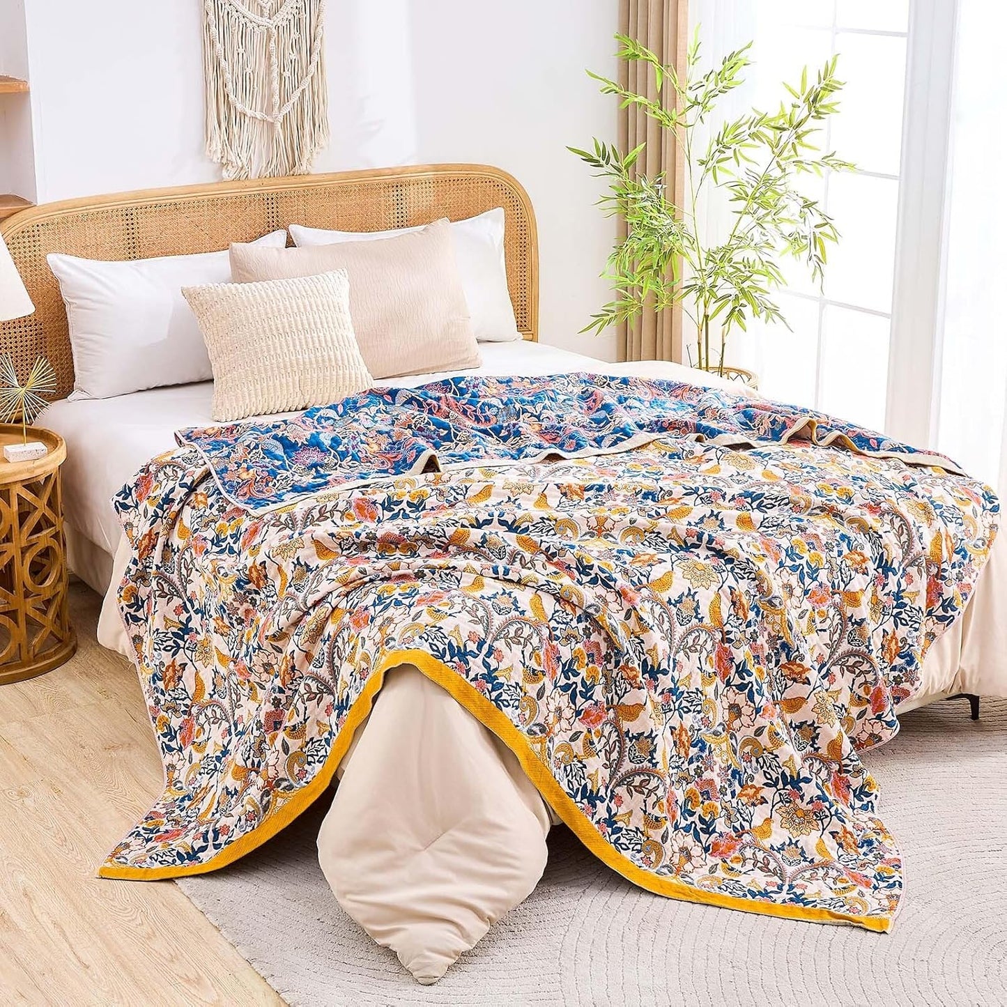 Boho Blanket Throw Quilt, 100% Cotton Soft Light Weight Throw Blankets for Summer, 60"x80" Farmhouse Flower Decorative Blankets, All Season Rustic Reversible Bohemian Throw Quilt