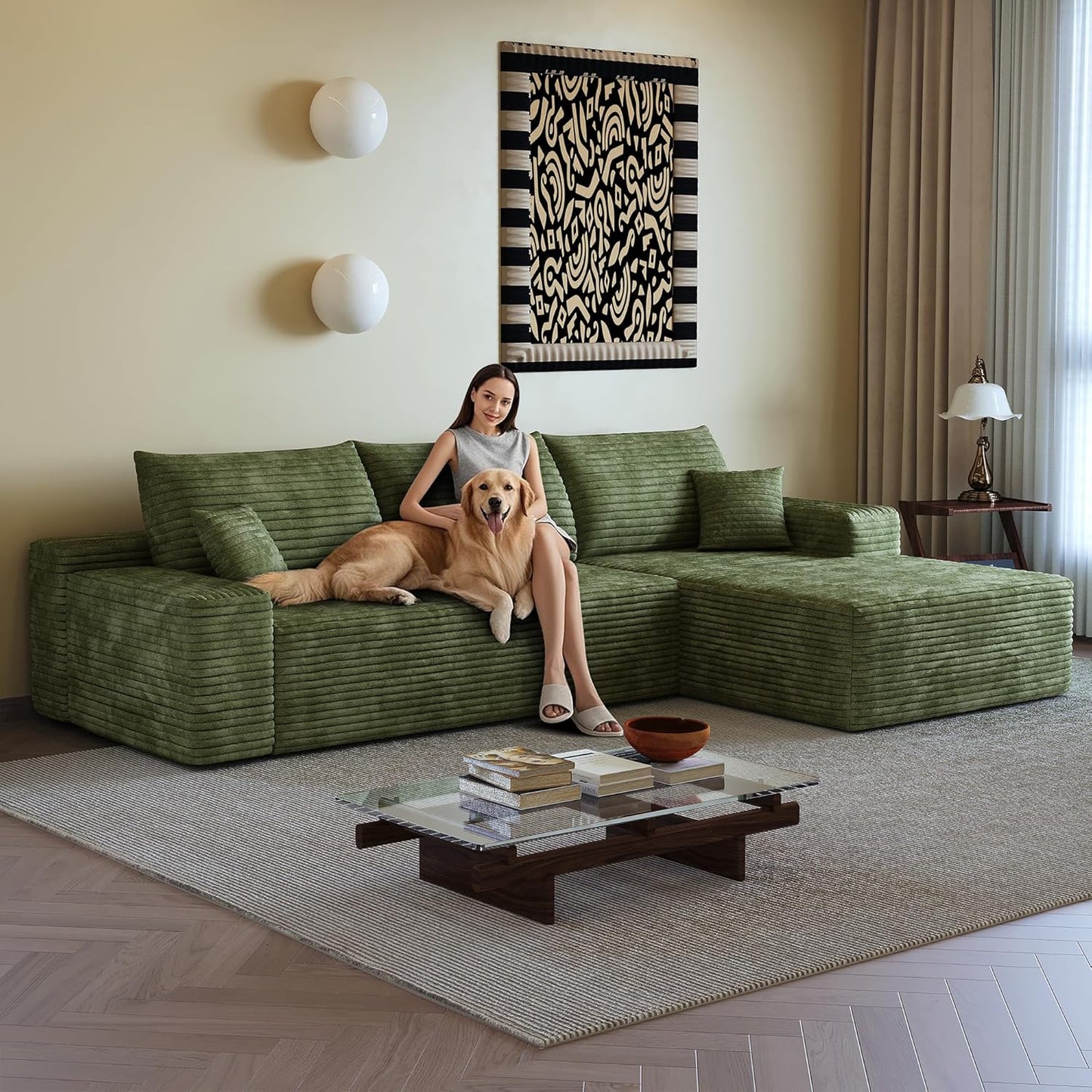 108" Sectional Couches for Living Room Modern Modular Sofa with L-Shape Couchs Upholstered Boneless Couch Deep Seat Sectional Couch with Chaise (Green, Right Facing Chaise+2Seaters)