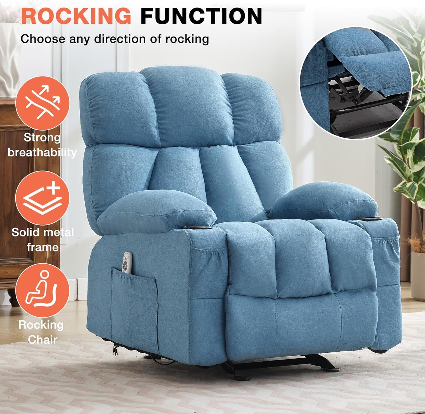 Massage Rocker Recliner Chair with Heat, Ergonomic Overstuffed Reclining Lounge Chair with Side Pockets, USB Charging Port, Sturdy Metal Frame, Comfortable Modern Design for Living Room
