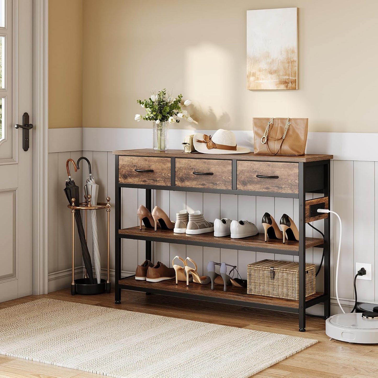 Lulive Entryway Table with Power Outlets, Console Table with 3 Fabric Drawers, Sofa Table for Living Room, Hallway, Couch, Foyer, Height Adjustable (Rustic Brown, 43")