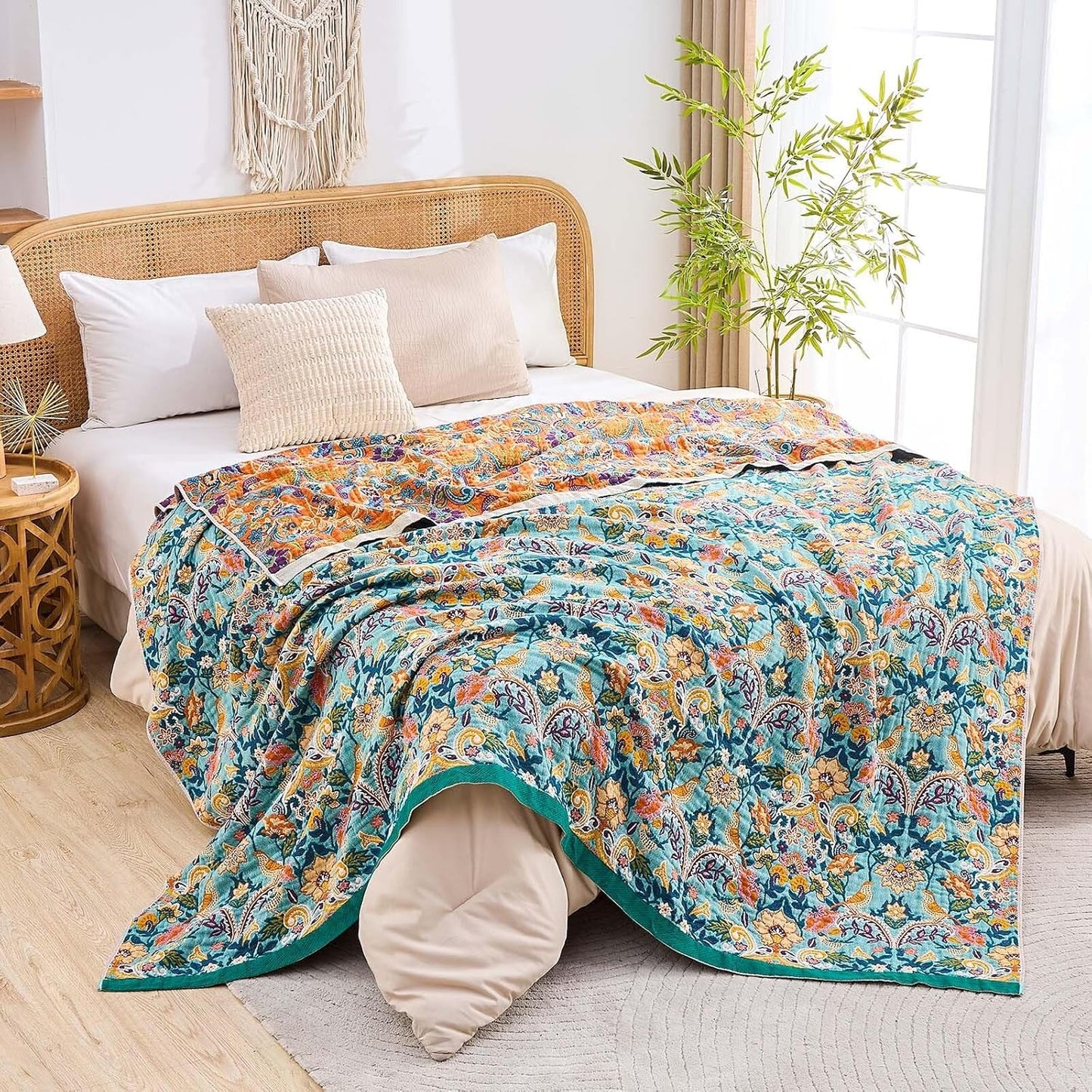 Boho Blanket Throw Quilt, 100% Cotton Soft Light Weight Throw Blankets for Summer, 90"x98" Farmhouse Flower Decorative Blankets, All Season Rustic Reversible Bohemian Throw Quilt