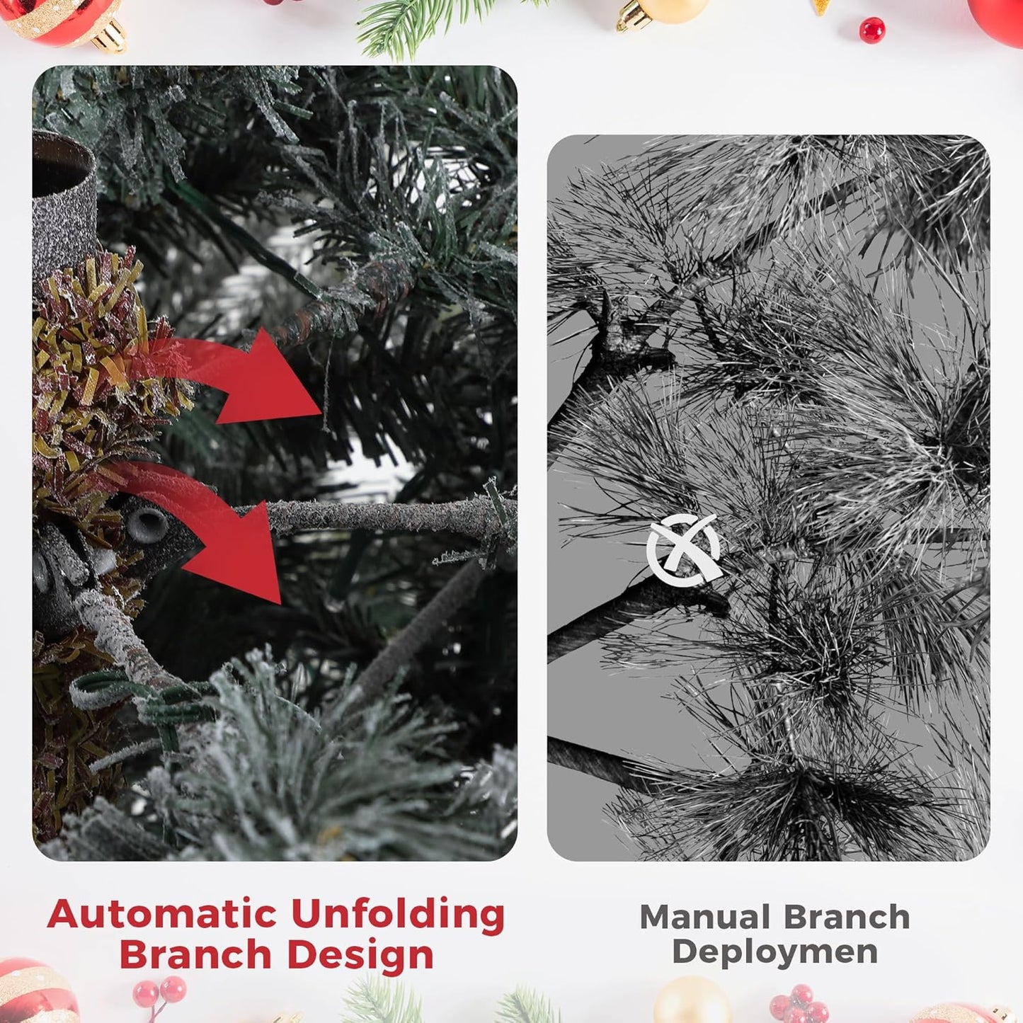 6.5ft Pre-lit Artificial Christmas Tree with Incandescent Warm White Lights, Snow Flocked Full Prelighted Xmas Tree Automatic Branch Tips, UL Listed Lights & Foldable Stand, Green & White